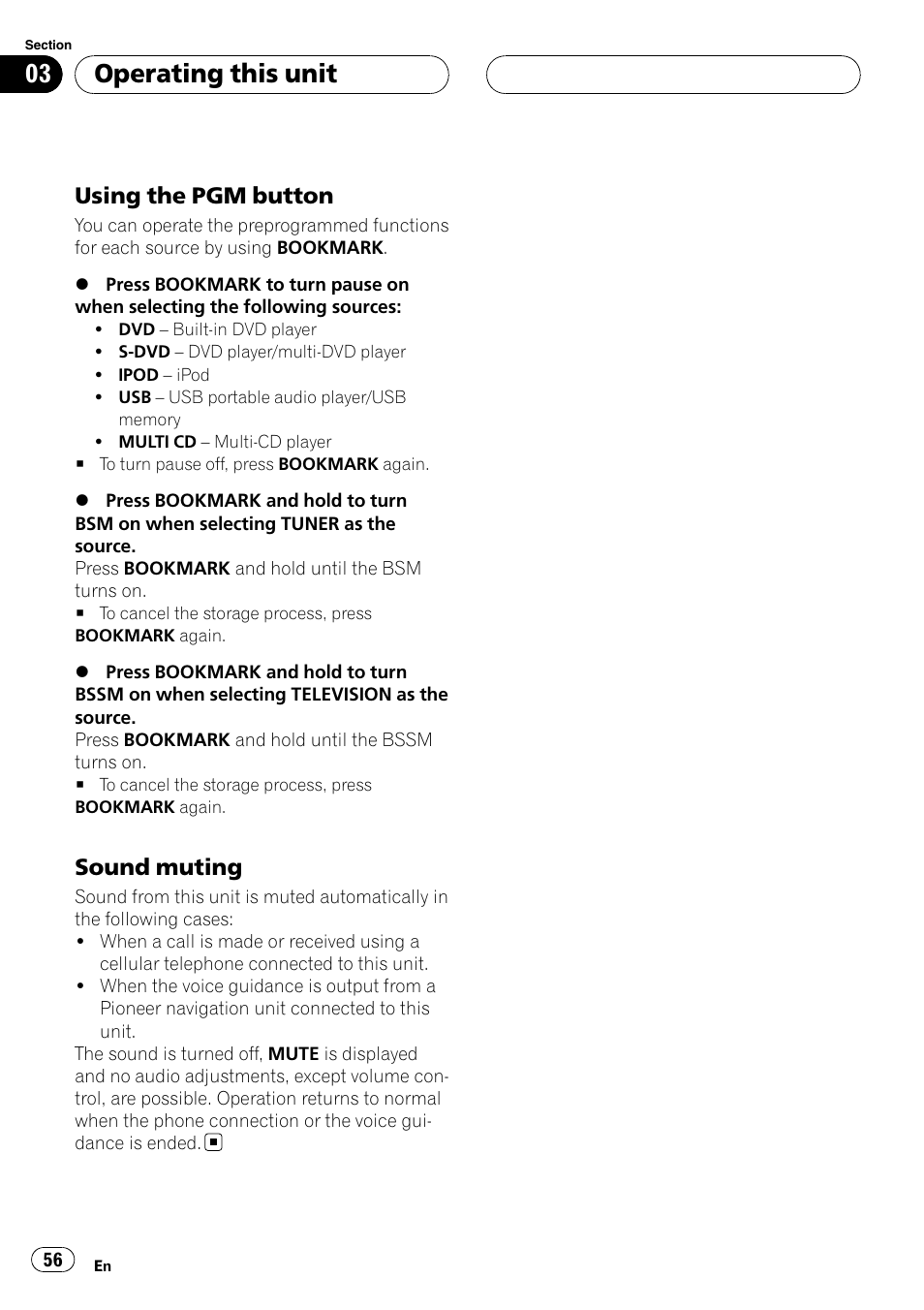 Operating this unit, Using the pgm button, Sound muting | Pioneer DVH-P590MP User Manual | Page 56 / 97