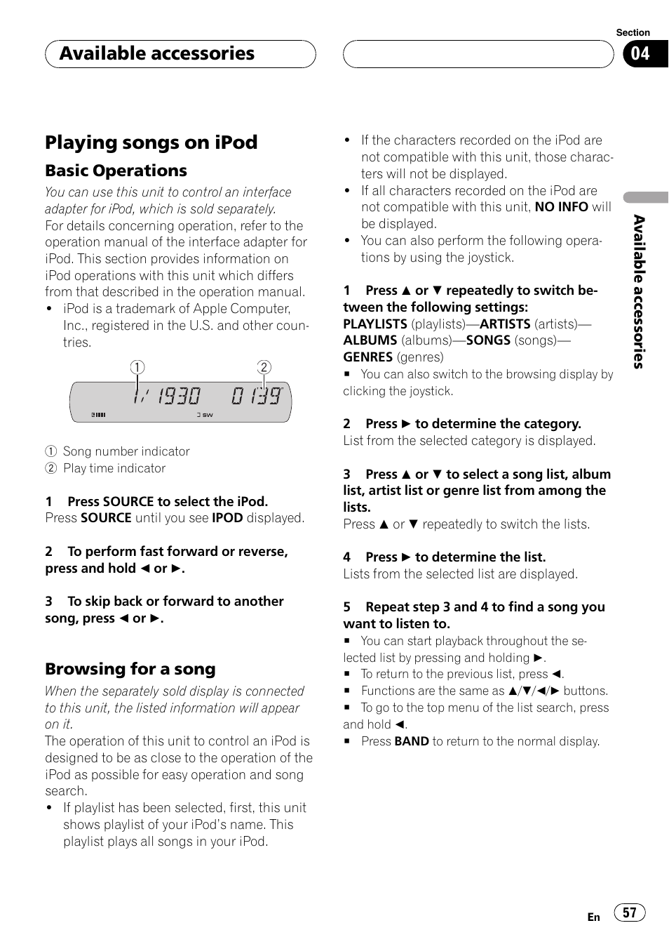 Available accessories playing songs on ipod, Playing songs on ipod, Available accessories | Basic operations, Browsing for a song | Pioneer DVH-P590MP User Manual | Page 57 / 97