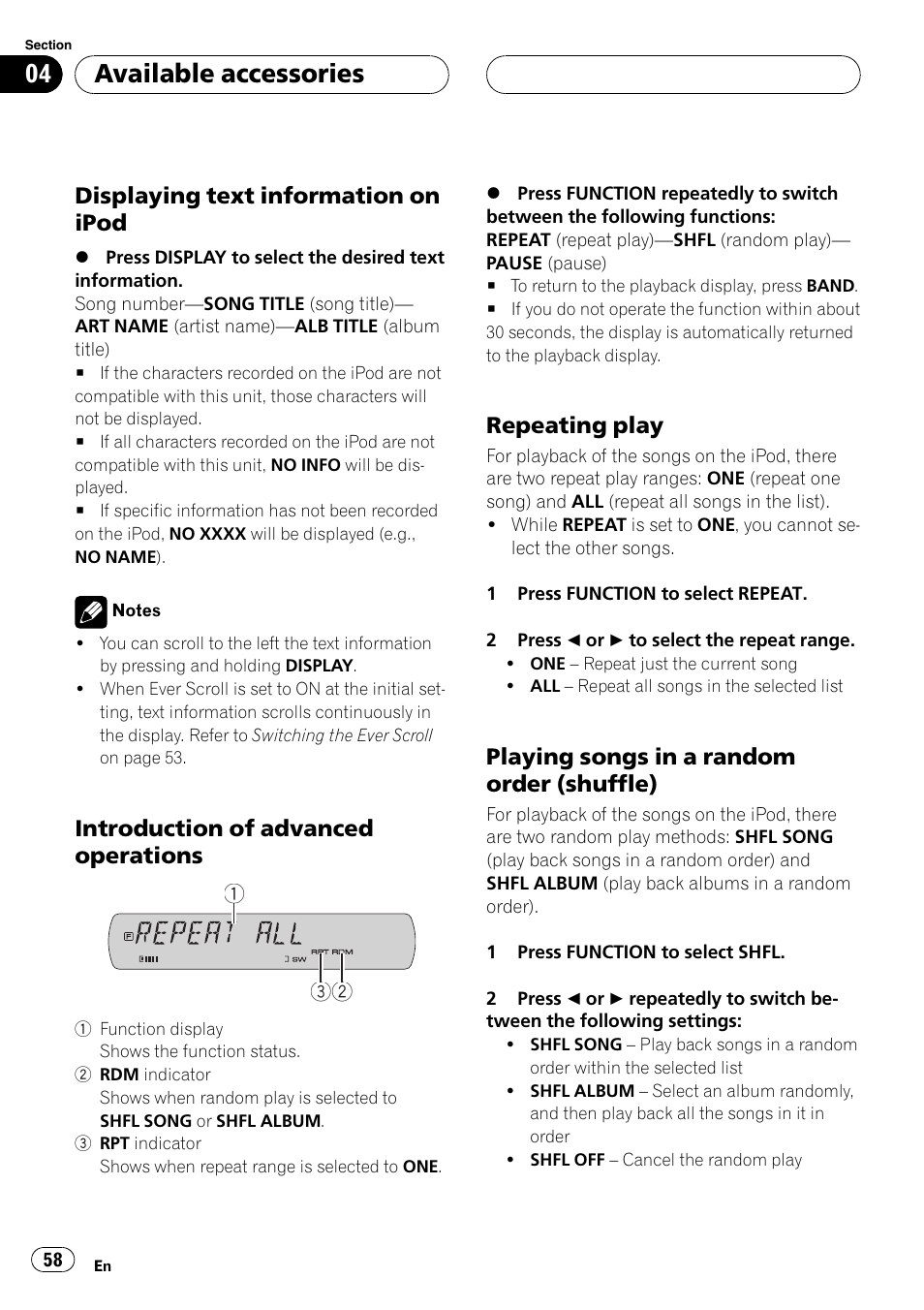 Available accessories, Displaying text information on ipod, Introduction of advanced operations | Repeating play, Playing songs in a random order (shuffle) | Pioneer DVH-P590MP User Manual | Page 58 / 97
