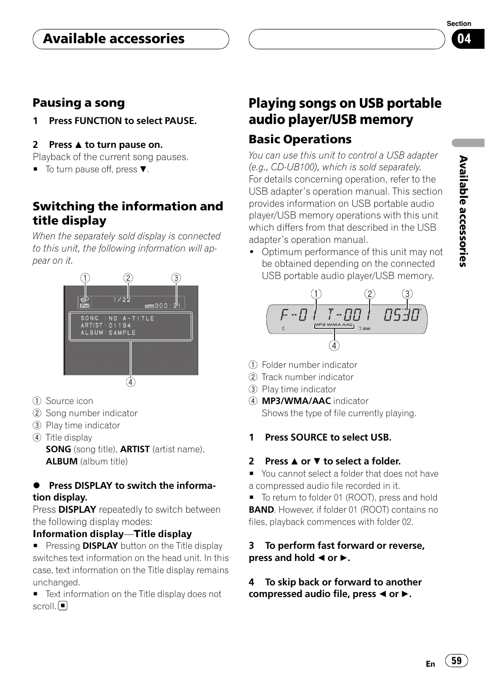 Playing songs on usb portable audio player, Usb memory, Available accessories | Pioneer DVH-P590MP User Manual | Page 59 / 97