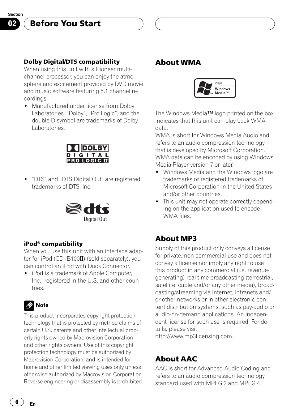 Before you start, About wma, About mp3 | About aac | Pioneer DVH-P590MP User Manual | Page 6 / 97