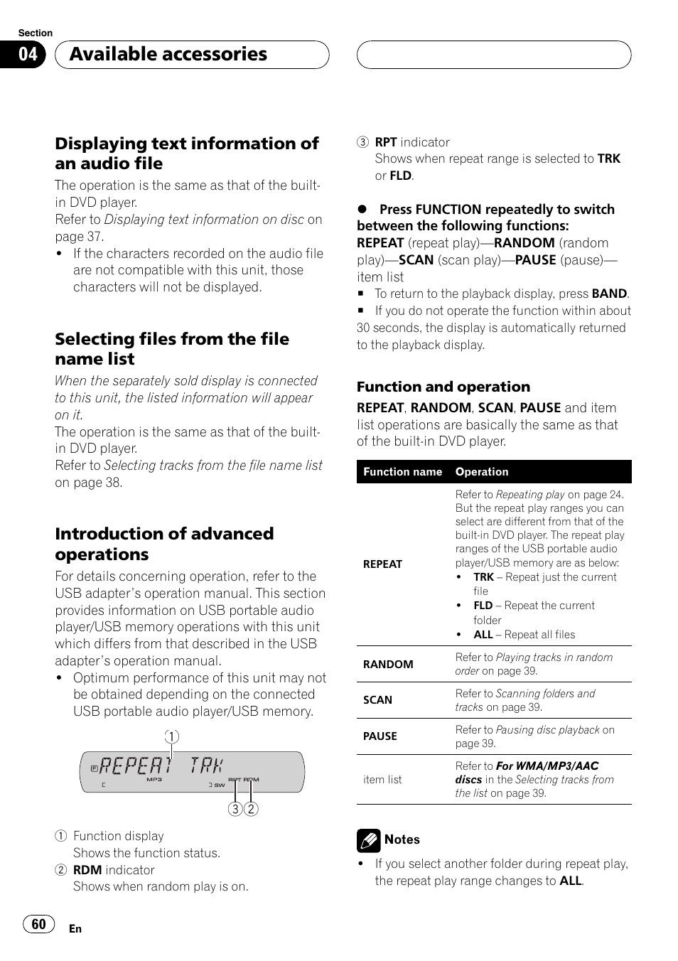 Available accessories, Displaying text information of an audio file, Selecting files from the file name list | Introduction of advanced operations | Pioneer DVH-P590MP User Manual | Page 60 / 97