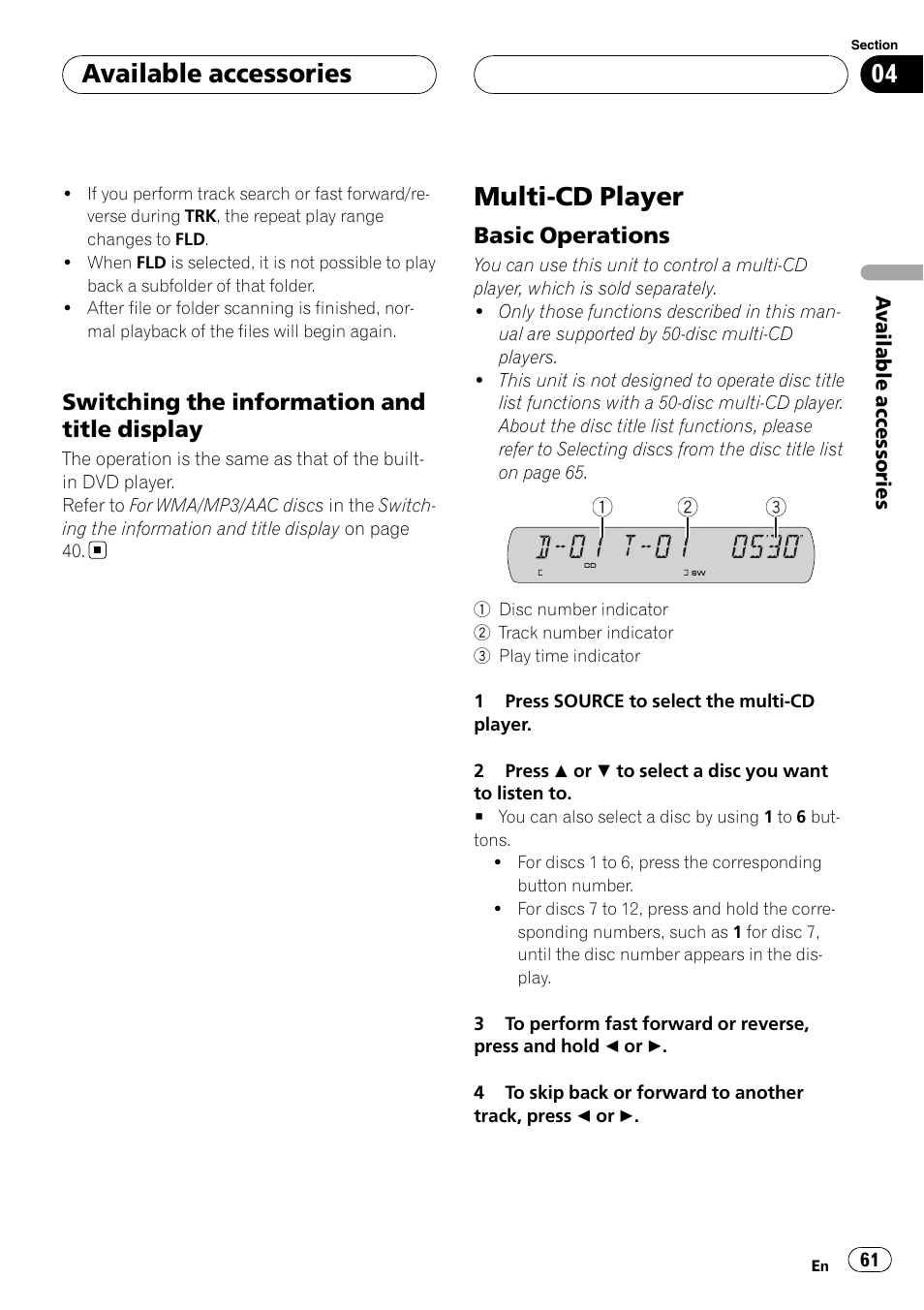 Multi-cd player, Available accessories, Switching the information and title display | Basic operations | Pioneer DVH-P590MP User Manual | Page 61 / 97