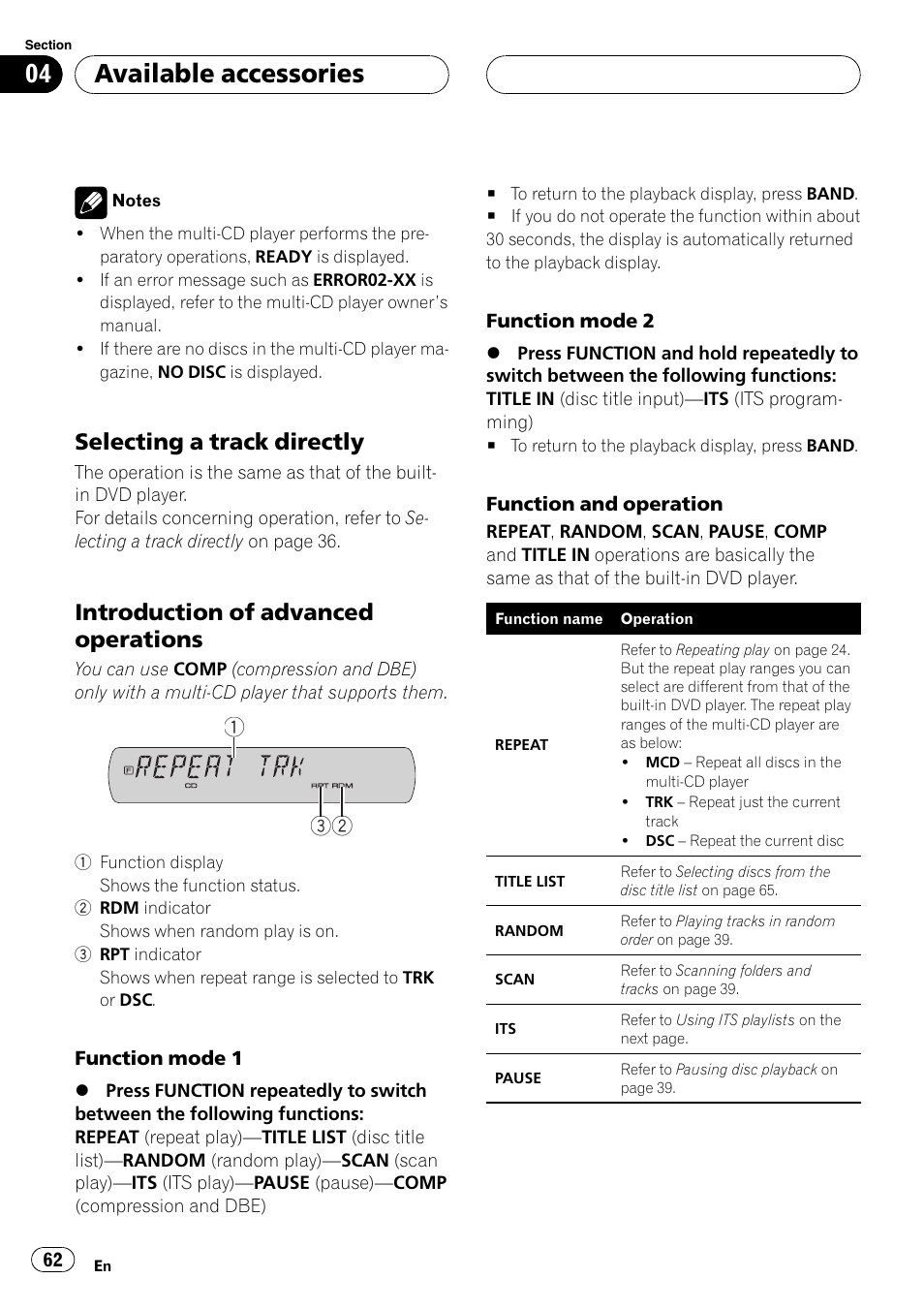 Available accessories, Selecting a track directly, Introduction of advanced operations | Pioneer DVH-P590MP User Manual | Page 62 / 97