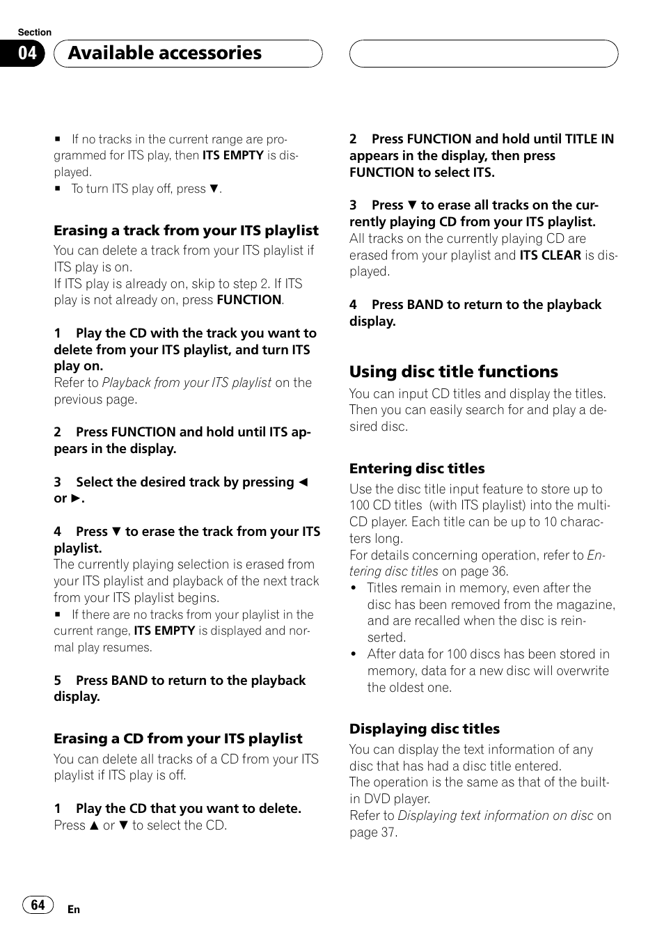Available accessories, Using disc title functions | Pioneer DVH-P590MP User Manual | Page 64 / 97