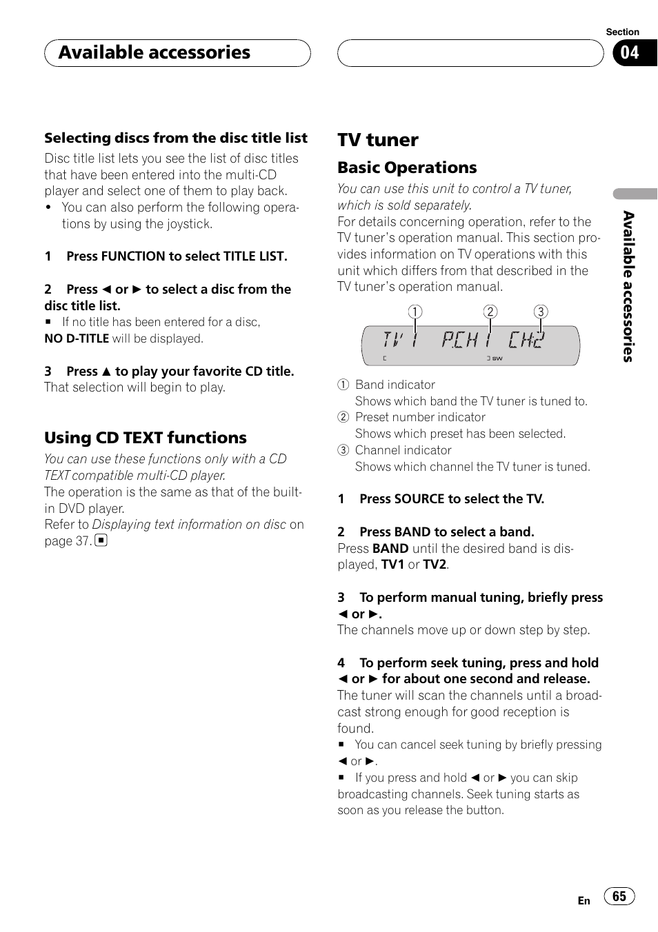 Tv tuner, Available accessories, Using cd text functions | Basic operations | Pioneer DVH-P590MP User Manual | Page 65 / 97