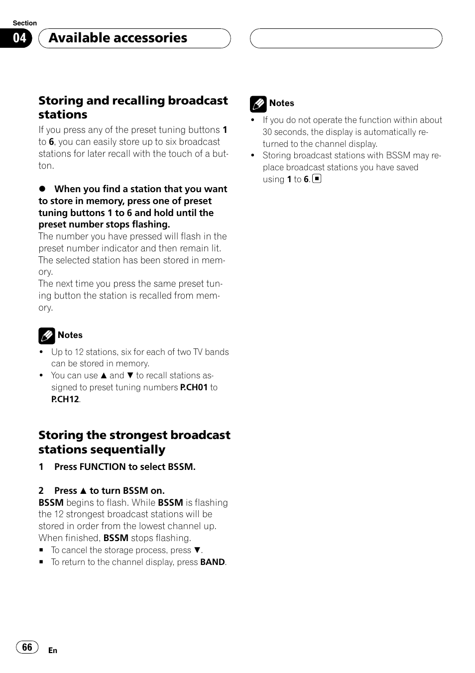 Available accessories, Storing and recalling broadcast stations | Pioneer DVH-P590MP User Manual | Page 66 / 97