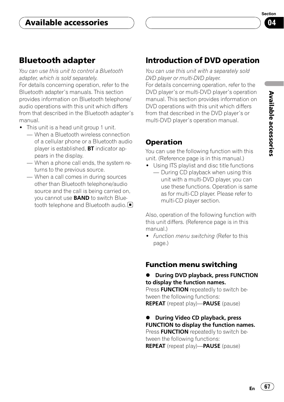 Bluetooth adapter, Introduction of dvd operation, Available accessories | Pioneer DVH-P590MP User Manual | Page 67 / 97
