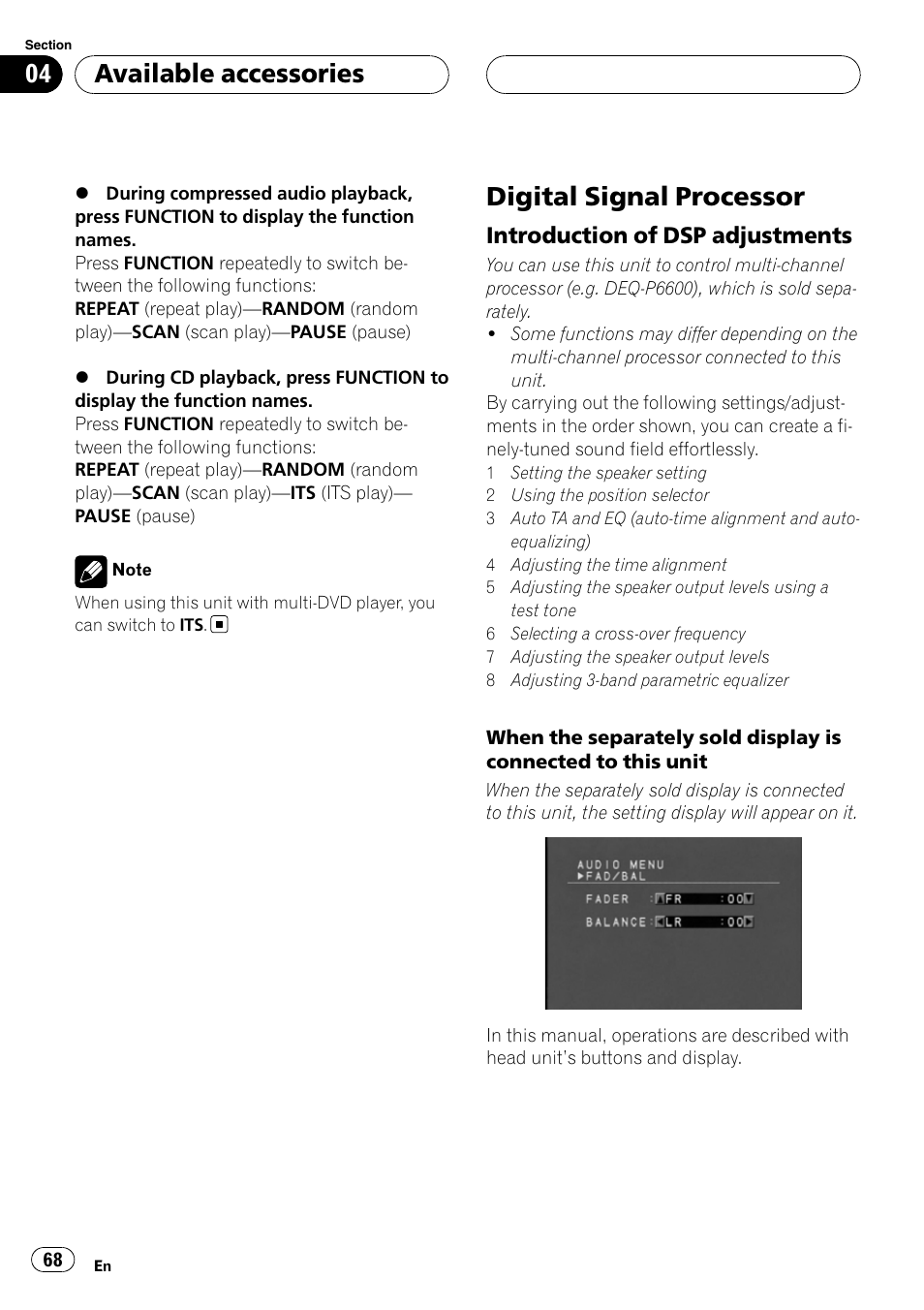 Digital signal processor, Available accessories, Introduction of dsp adjustments | Pioneer DVH-P590MP User Manual | Page 68 / 97