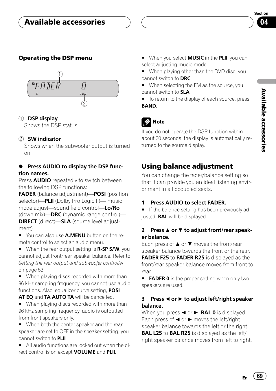 Using bal, Available accessories, Using balance adjustment | Pioneer DVH-P590MP User Manual | Page 69 / 97