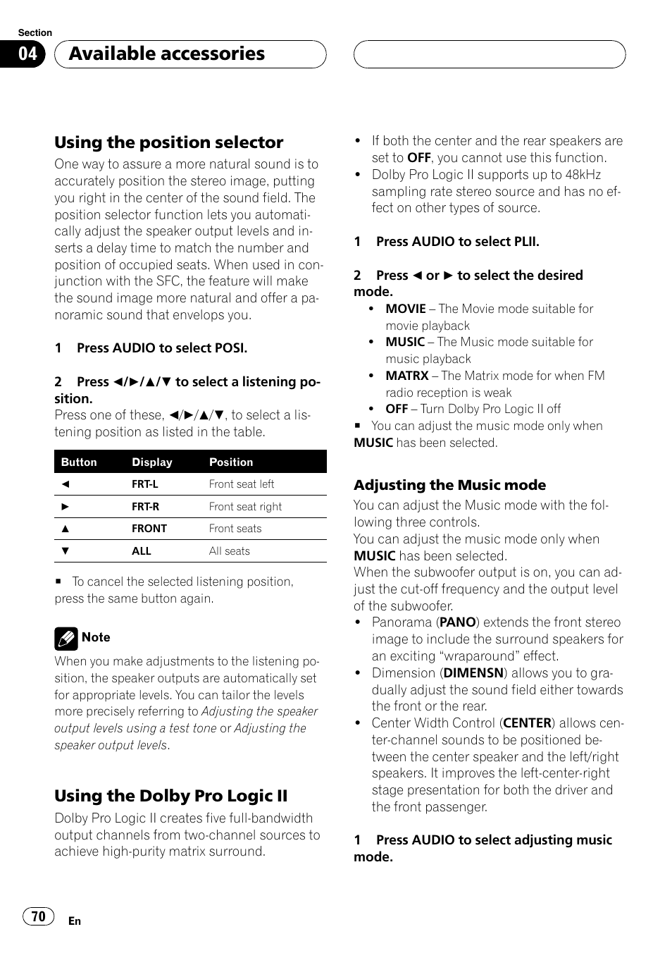 Using, Using the position selector, Available accessories | Using the dolby pro logic ii | Pioneer DVH-P590MP User Manual | Page 70 / 97