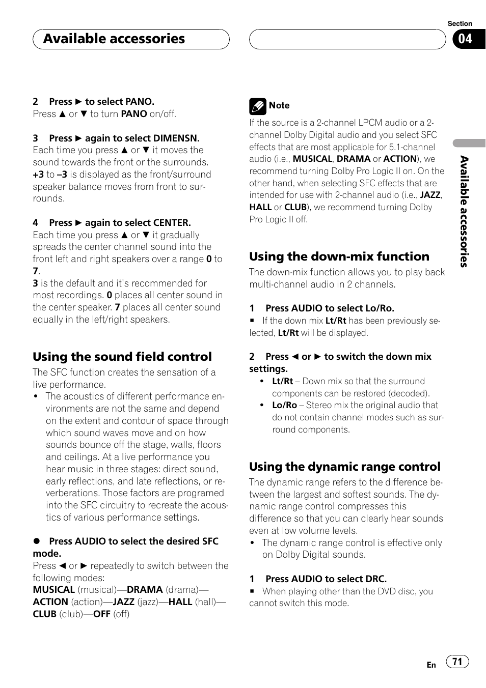 Using the, Using the down, Available accessories | Using the sound field control, Using the down-mix function, Using the dynamic range control | Pioneer DVH-P590MP User Manual | Page 71 / 97