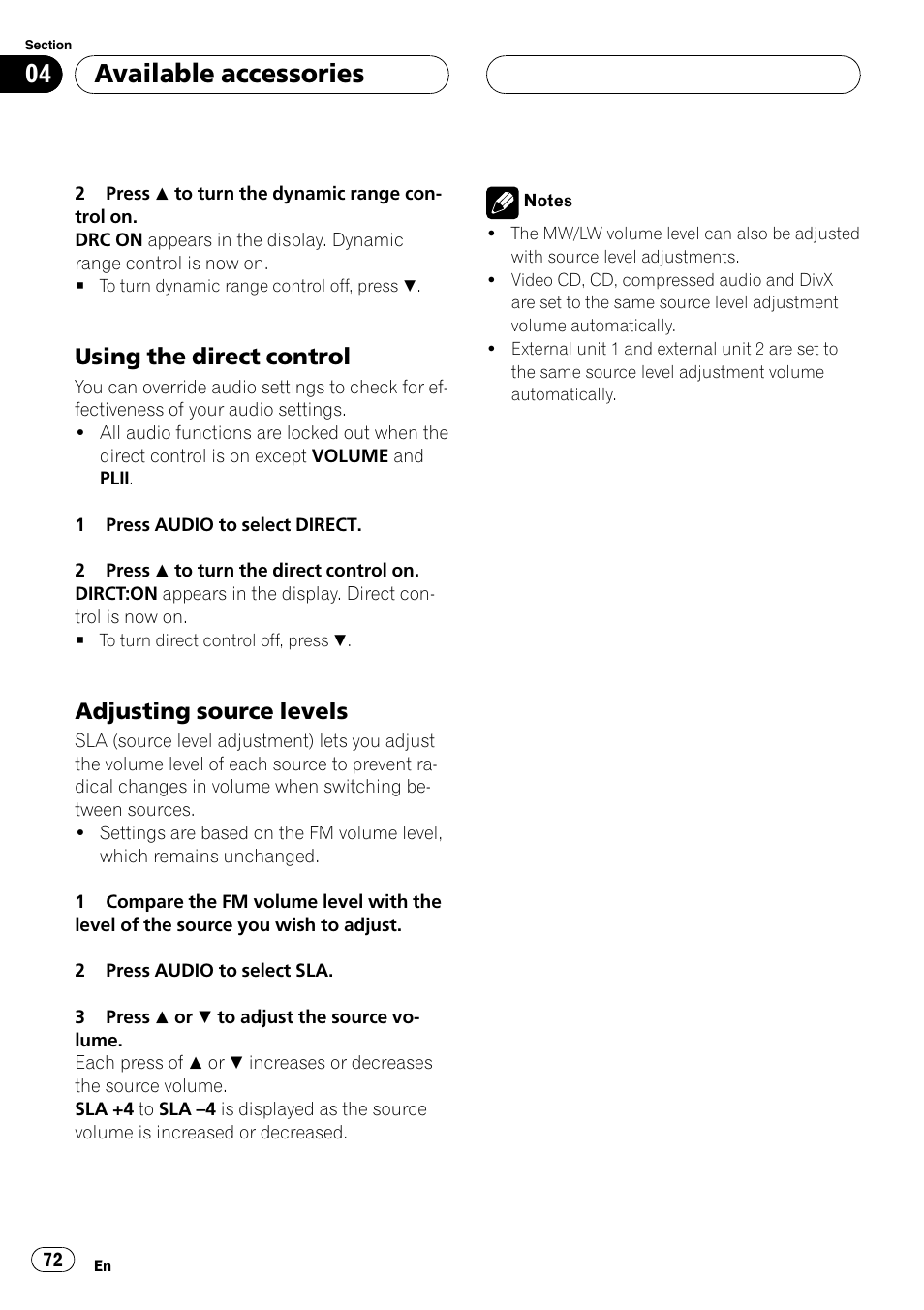 Using the di, Available accessories, Using the direct control | Adjusting source levels | Pioneer DVH-P590MP User Manual | Page 72 / 97