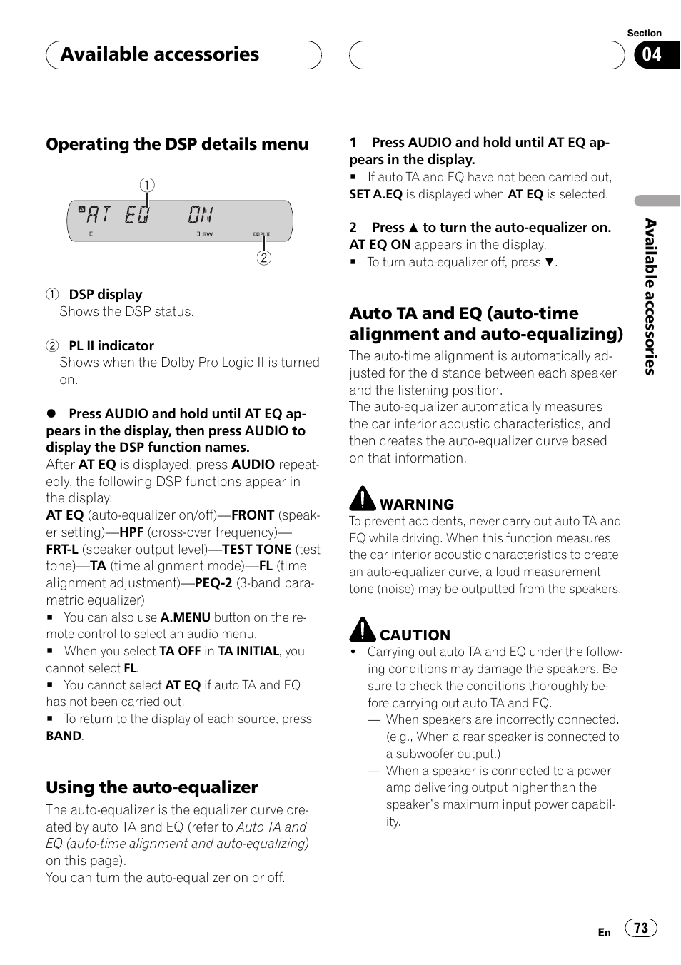 Available accessories, Operating the dsp details menu, Using the auto-equalizer | Pioneer DVH-P590MP User Manual | Page 73 / 97