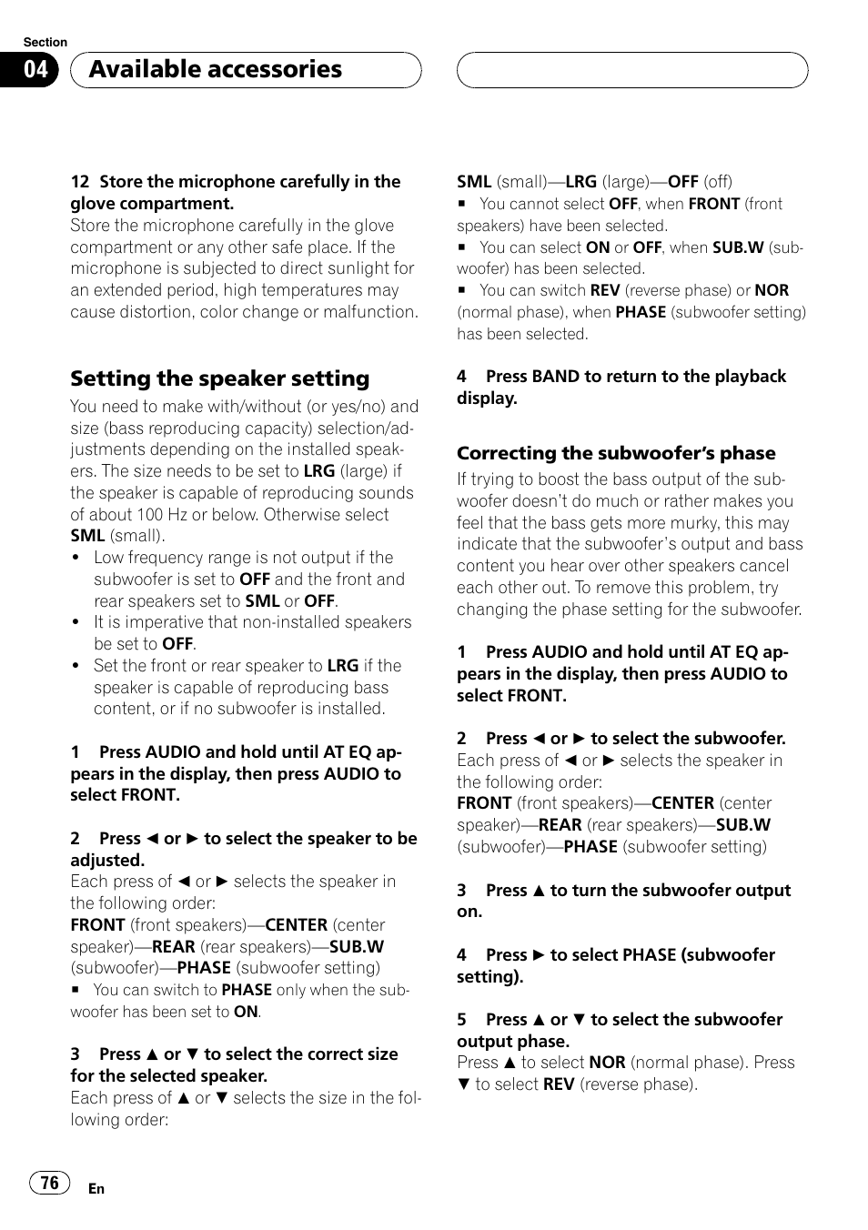 Setting the speaker setting, Available accessories | Pioneer DVH-P590MP User Manual | Page 76 / 97