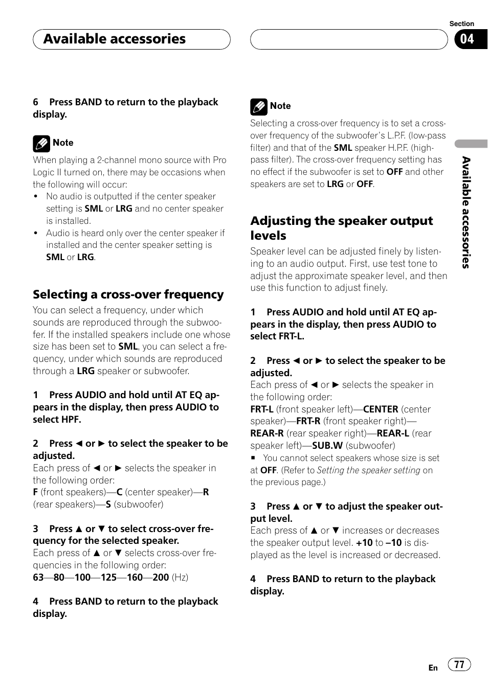 Selecting a cross-over frequency, Adjusting the speaker output levels, Available accessories | Pioneer DVH-P590MP User Manual | Page 77 / 97