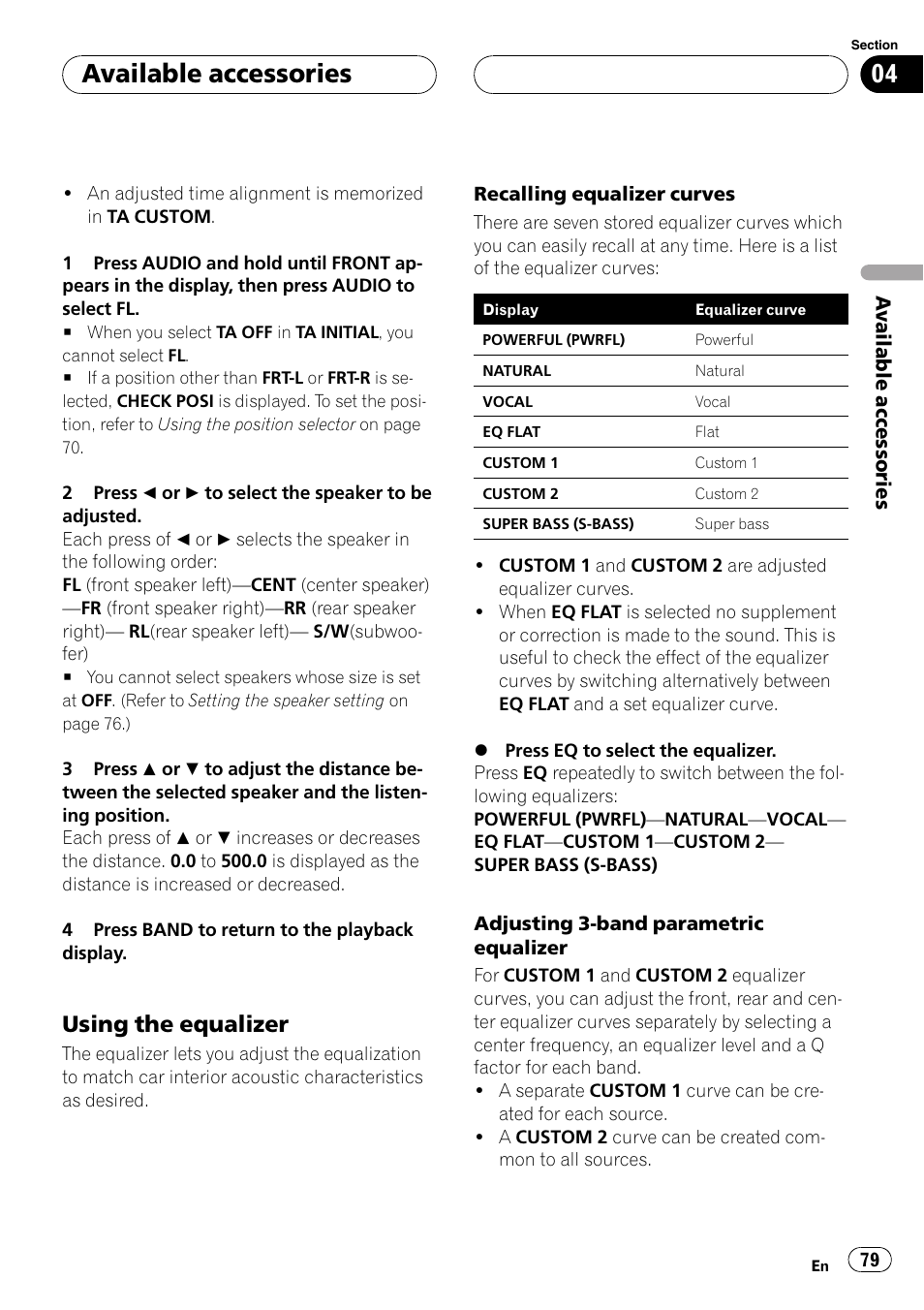 Adjusting 3-band parametric equalizer, Available accessories, Using the equalizer | Pioneer DVH-P590MP User Manual | Page 79 / 97