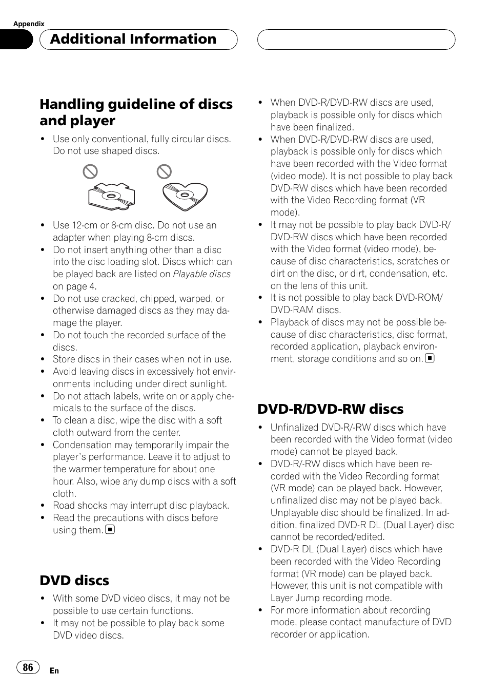 Handling guideline of discs and player, Dvd discs, Dvd-r/dvd-rw discs | Additional information | Pioneer DVH-P590MP User Manual | Page 86 / 97