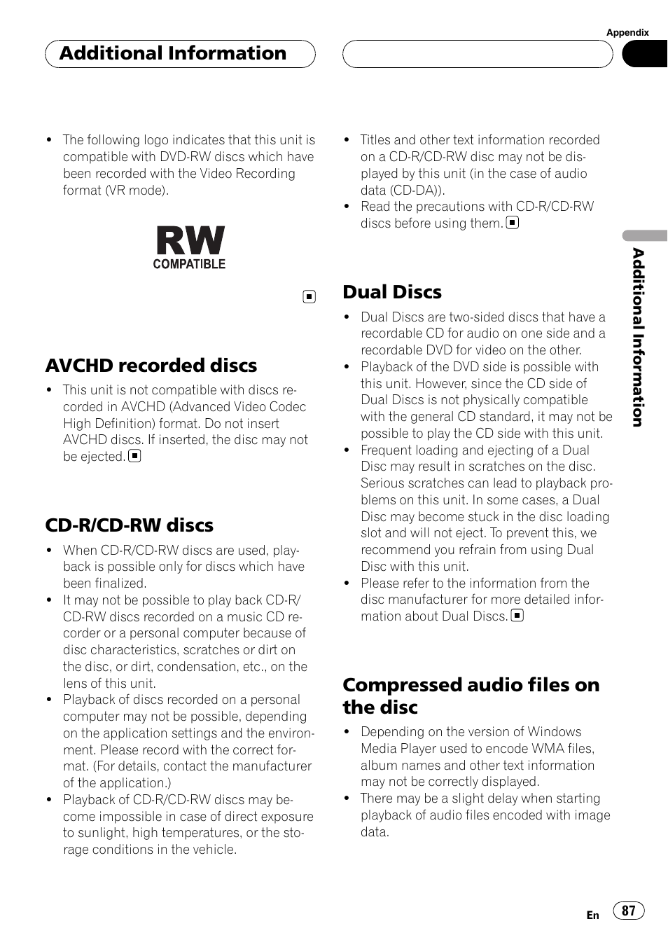 Avchd recorded discs, Cd-r/cd-rw discs, Dual discs | Compressed audio files on the disc, Additional information | Pioneer DVH-P590MP User Manual | Page 87 / 97