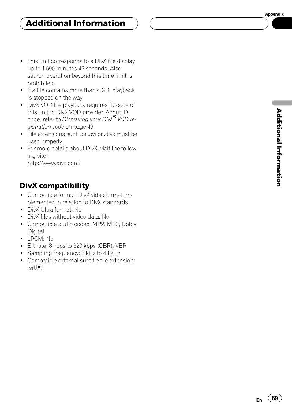 Additional information, Divx compatibility | Pioneer DVH-P590MP User Manual | Page 89 / 97