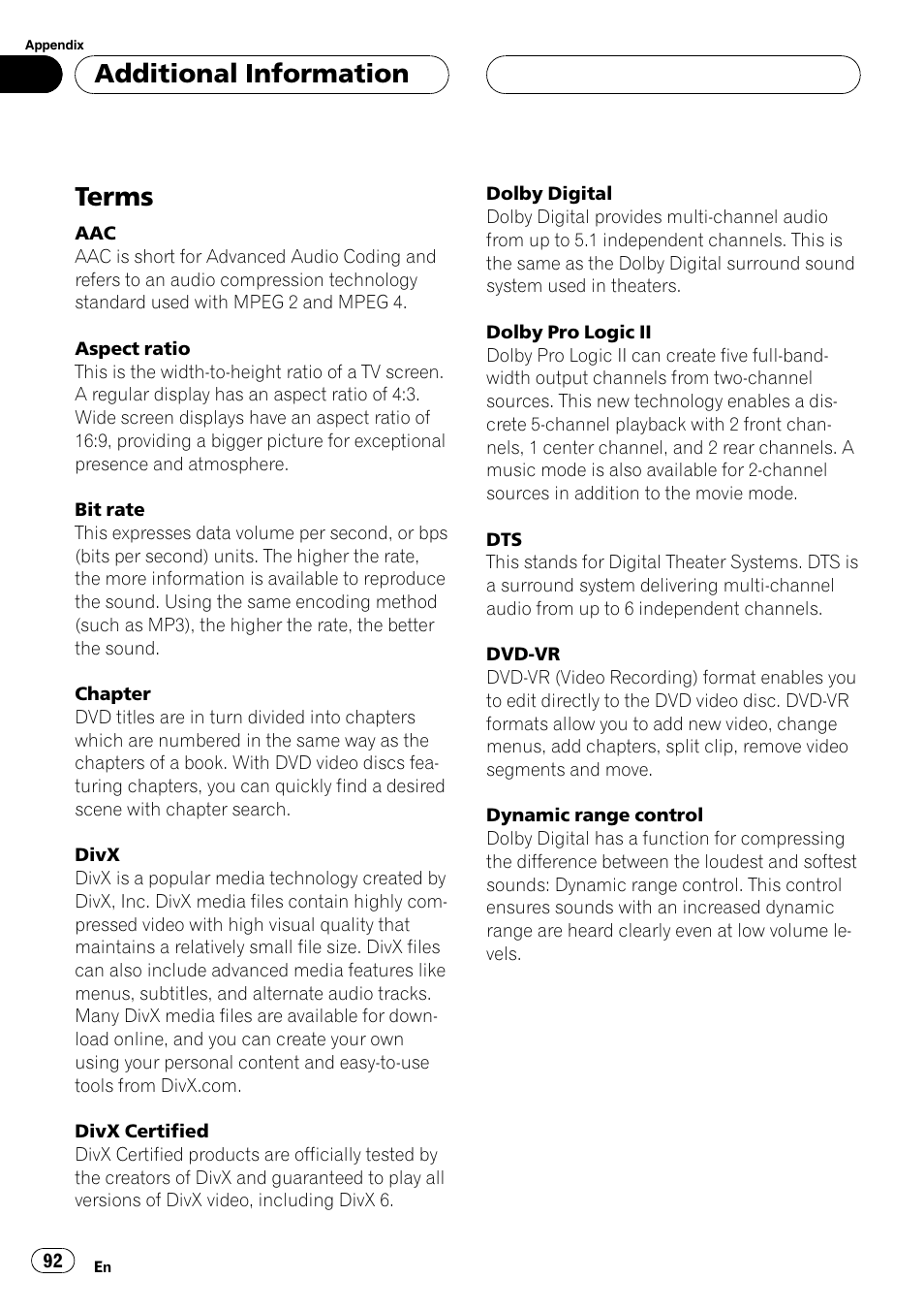 Terms, Additional information | Pioneer DVH-P590MP User Manual | Page 92 / 97