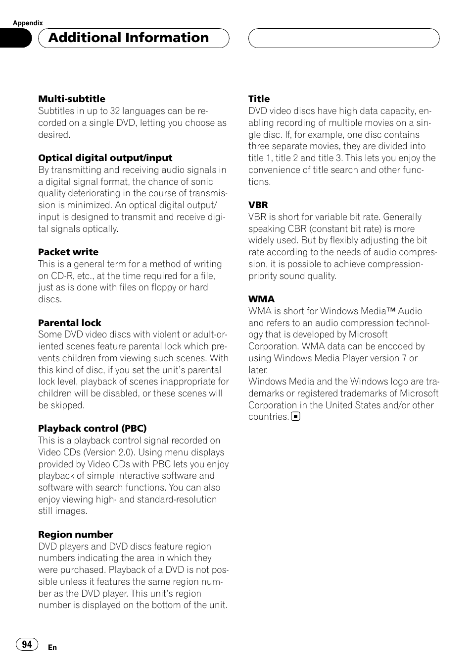 Additional information | Pioneer DVH-P590MP User Manual | Page 94 / 97