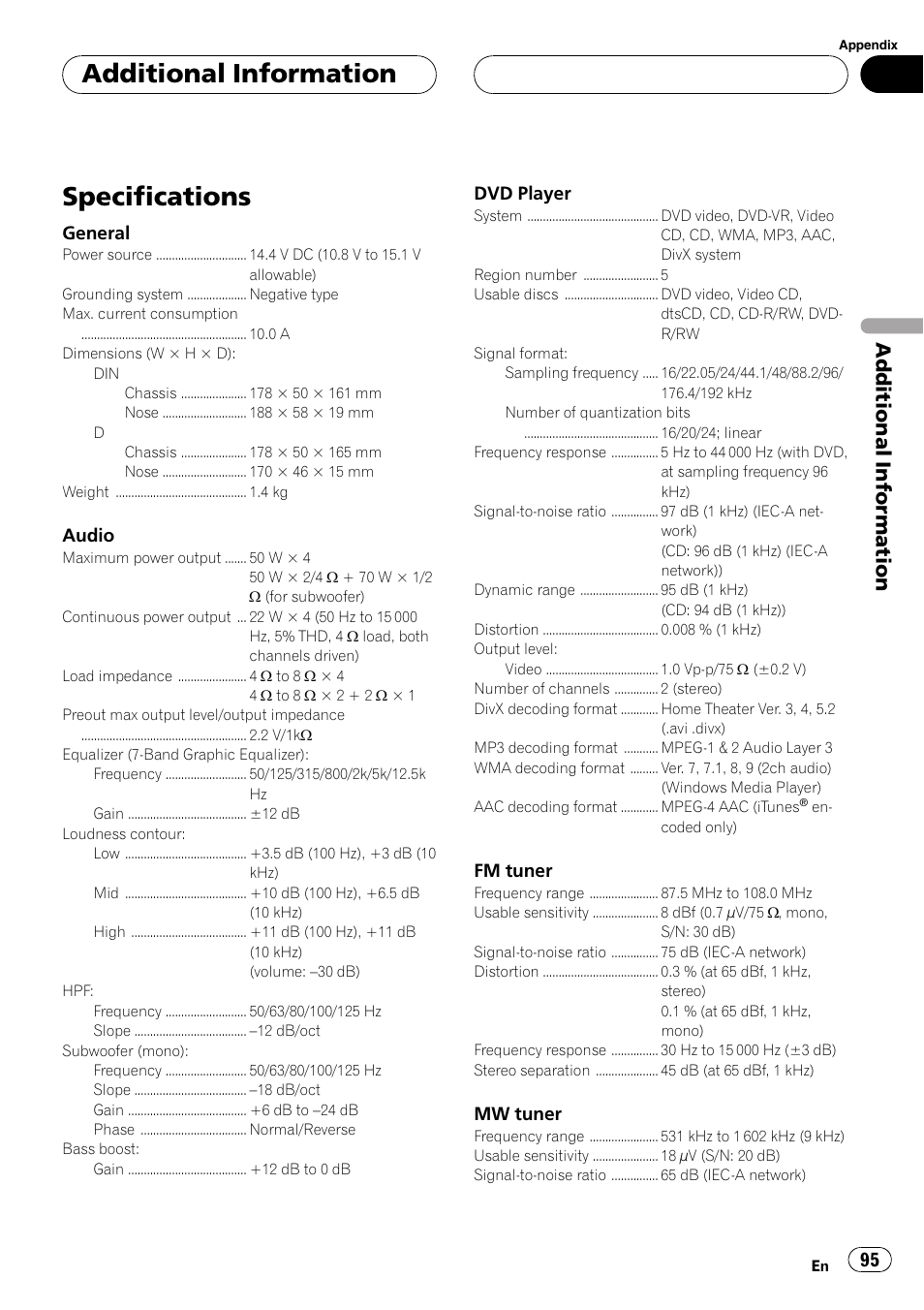 Specifications, Additional information | Pioneer DVH-P590MP User Manual | Page 95 / 97