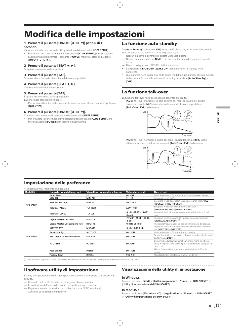 Modifica delle impostazioni, La funzione auto standby, La funzione talk-over | Impostazione delle preferenze, Il software utility di impostazione, Visualizzazione della utility di impostazione | Pioneer DJM-900SRT User Manual | Page 107 / 200