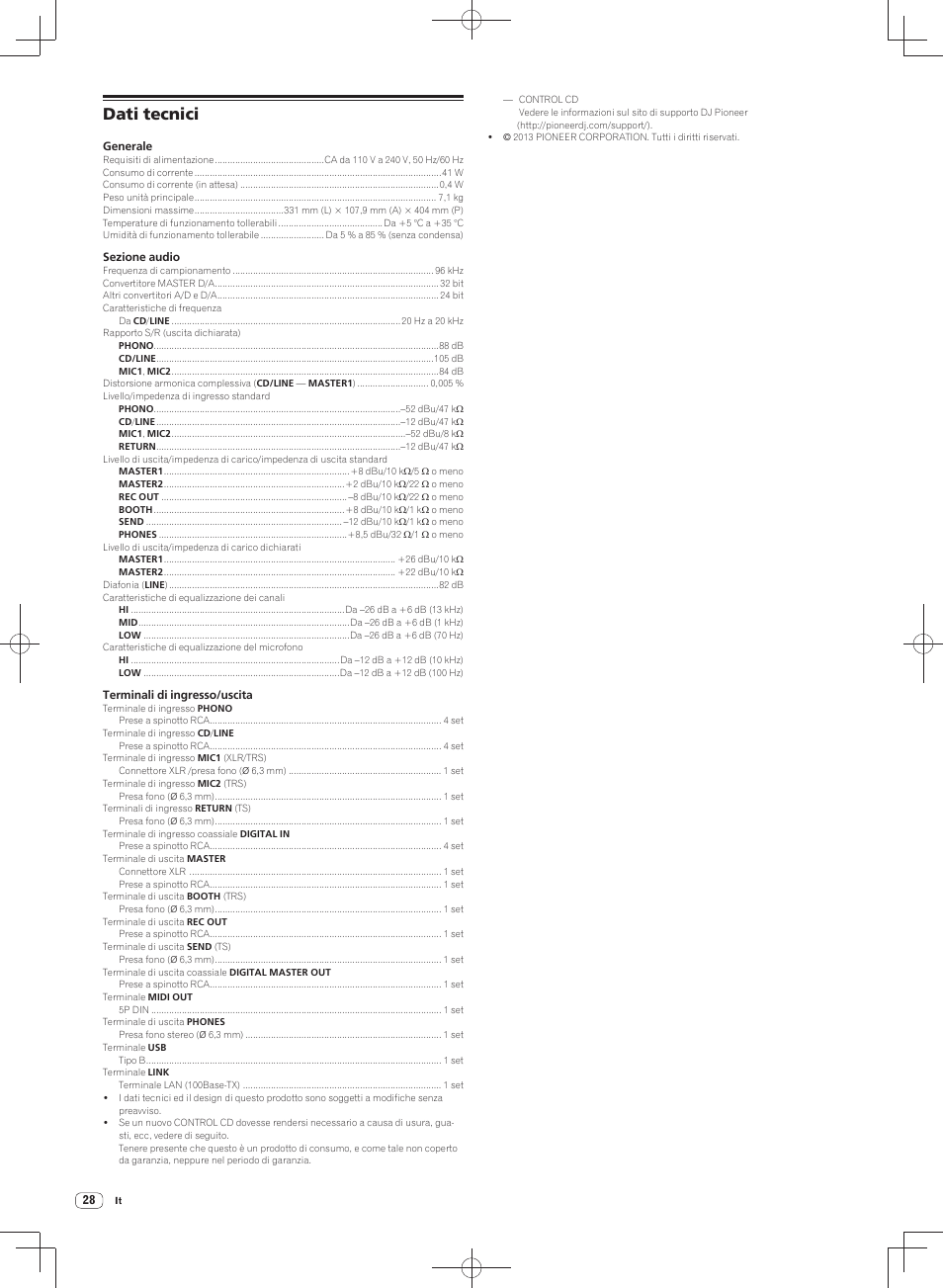 Dati tecnici | Pioneer DJM-900SRT User Manual | Page 112 / 200