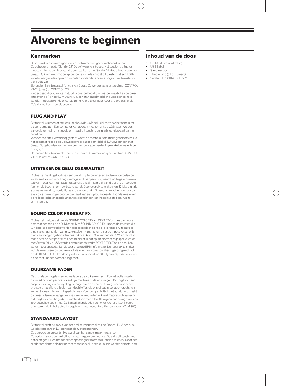 Alvorens te beginnen, Kenmerken inhoud van de doos, Kenmerken | Inhoud van de doos | Pioneer DJM-900SRT User Manual | Page 116 / 200