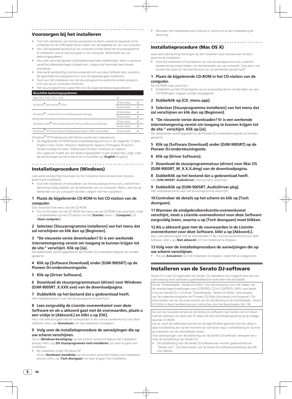 Installeren van de serato dj-software, Voorzorgen bij het installeren, Installatieprocedure (windows) | Installatieprocedure (mac os x) | Pioneer DJM-900SRT User Manual | Page 118 / 200