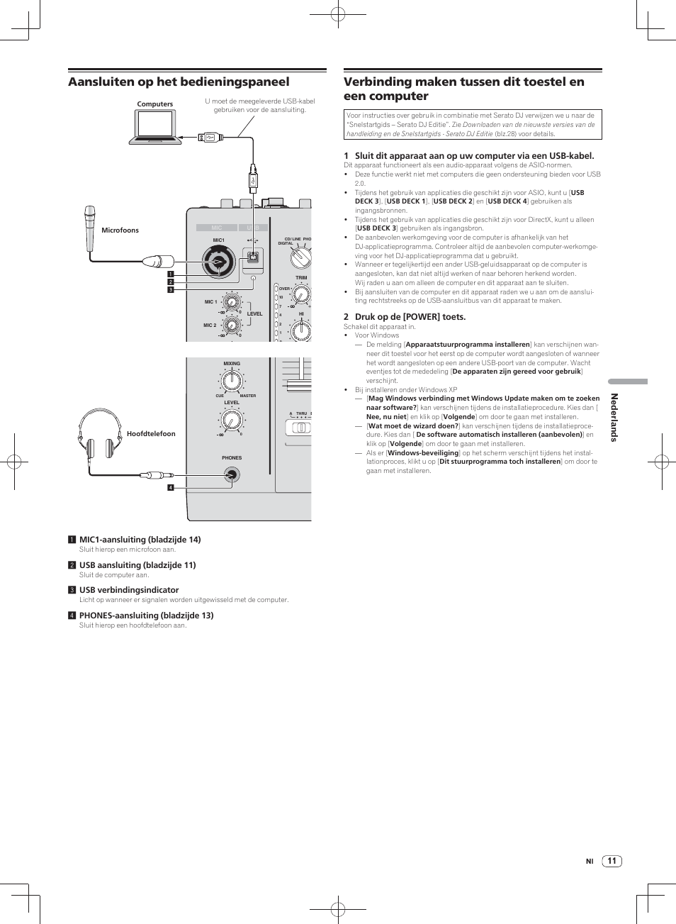 Aansluiten op het bedieningspaneel, Nederlands, 1 mic1-aansluiting (bladzijde 14) | 2 usb aansluiting (bladzijde 11), 3 usb verbindingsindicator, 4 phones-aansluiting (bladzijde 13), 2 druk op de [power] toets | Pioneer DJM-900SRT User Manual | Page 123 / 200