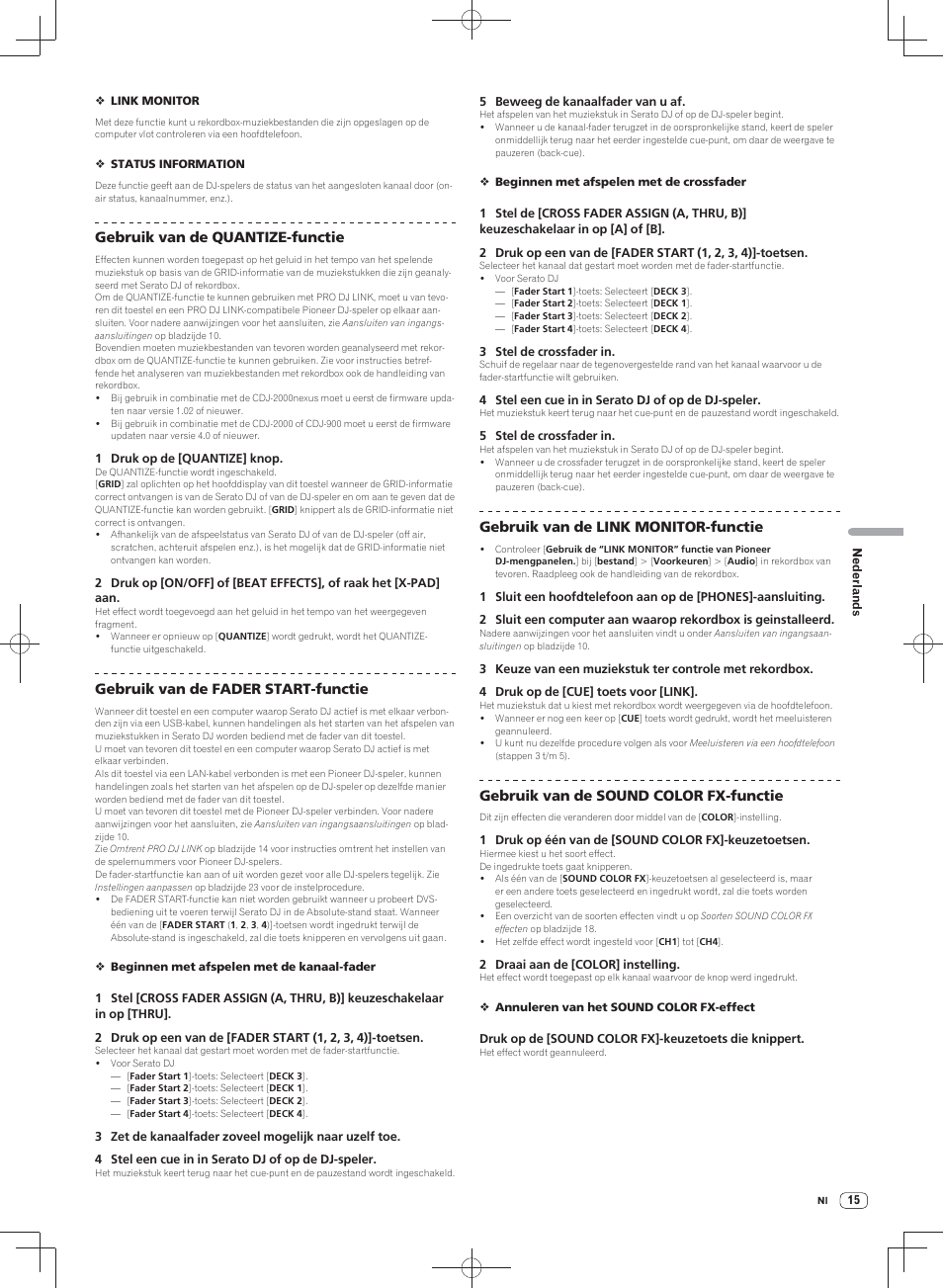 Gebruik van de quantize-functie, Gebruik van de fader start-functie, Gebruik van de link monitor-functie | Gebruik van de sound color fx-functie | Pioneer DJM-900SRT User Manual | Page 127 / 200