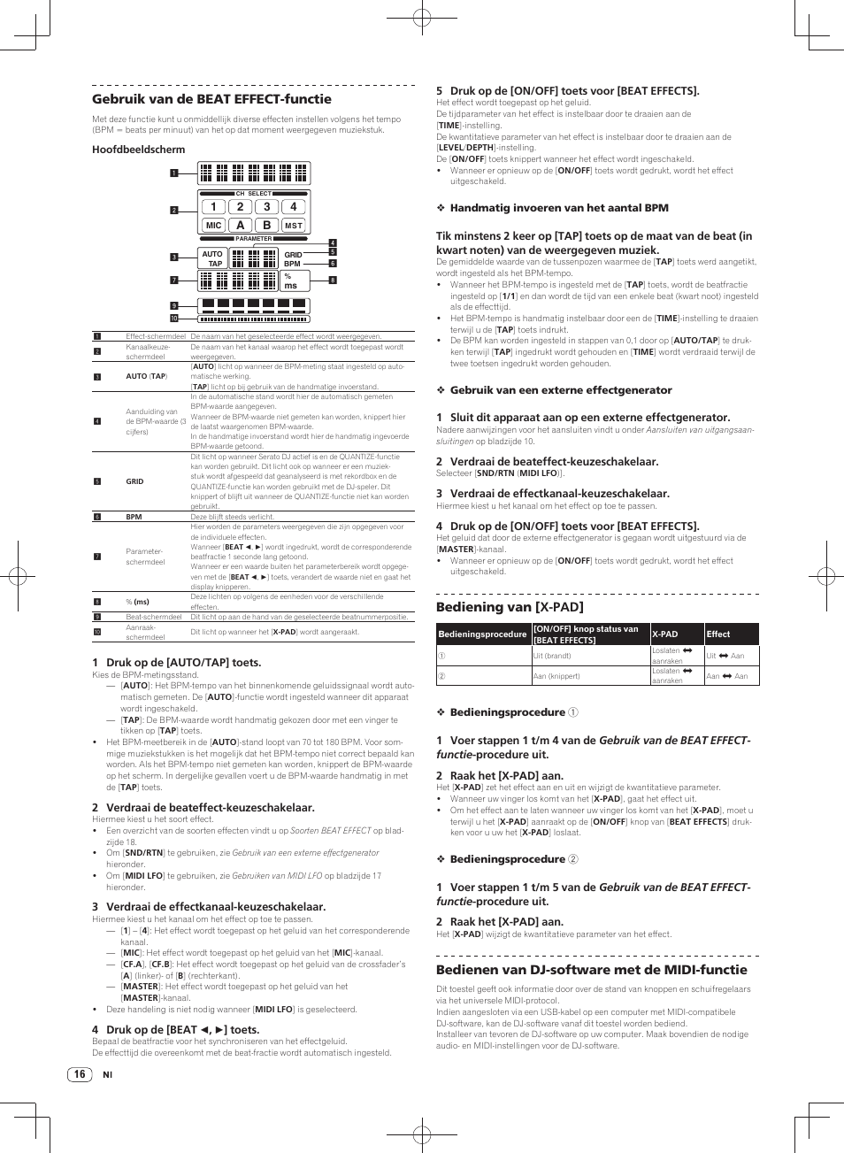 Gebruik van de beat effect-functie, Bediening van [ x-pad, Bedienen van dj-software met de midi-functie | Pioneer DJM-900SRT User Manual | Page 128 / 200