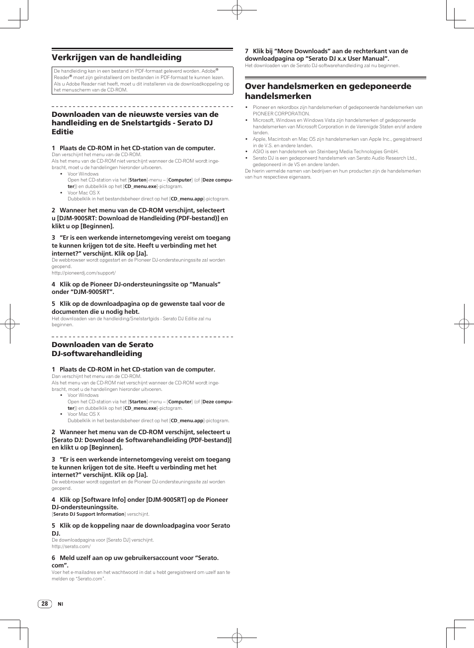 Verkrijgen van de handleiding, Over handelsmerken en gedeponeerde handelsmerken, Downloaden van de serato dj-softwarehandleiding | Pioneer DJM-900SRT User Manual | Page 140 / 200