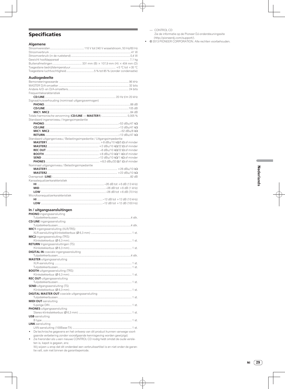 Specificaties | Pioneer DJM-900SRT User Manual | Page 141 / 200