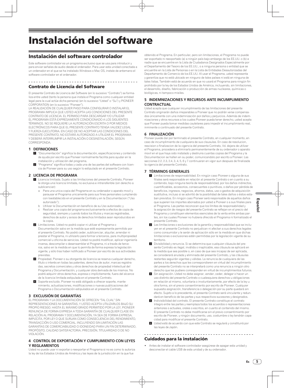 Instalación del software, Instalación del software controlador, Contrato de licencia del software | Cuidados para la instalación | Pioneer DJM-900SRT User Manual | Page 145 / 200