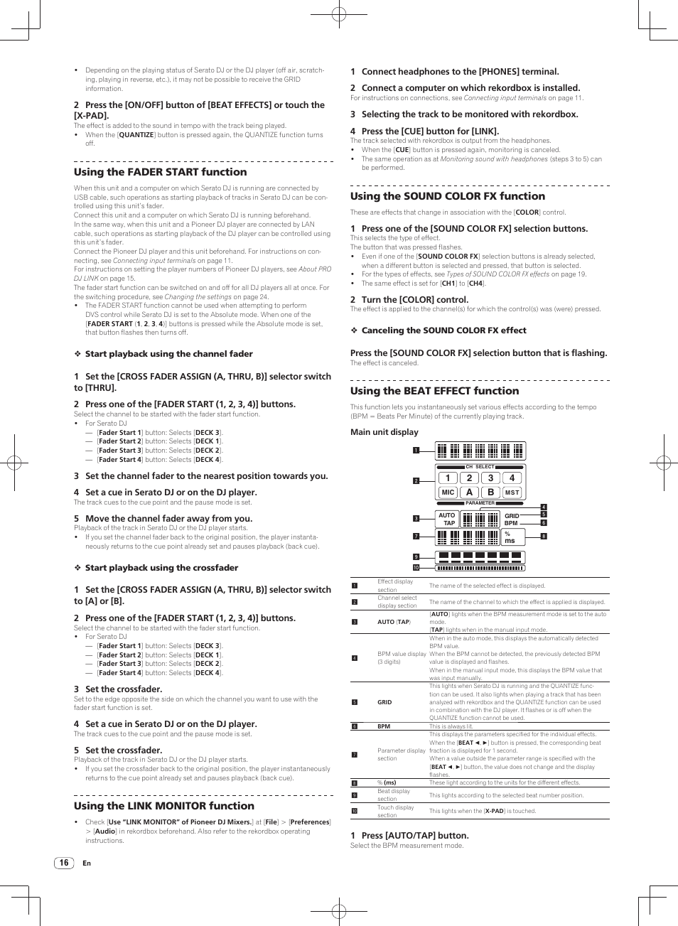 Using the fader start function, Using the link monitor function, Using the sound color fx function | Using the beat effect function | Pioneer DJM-900SRT User Manual | Page 16 / 200
