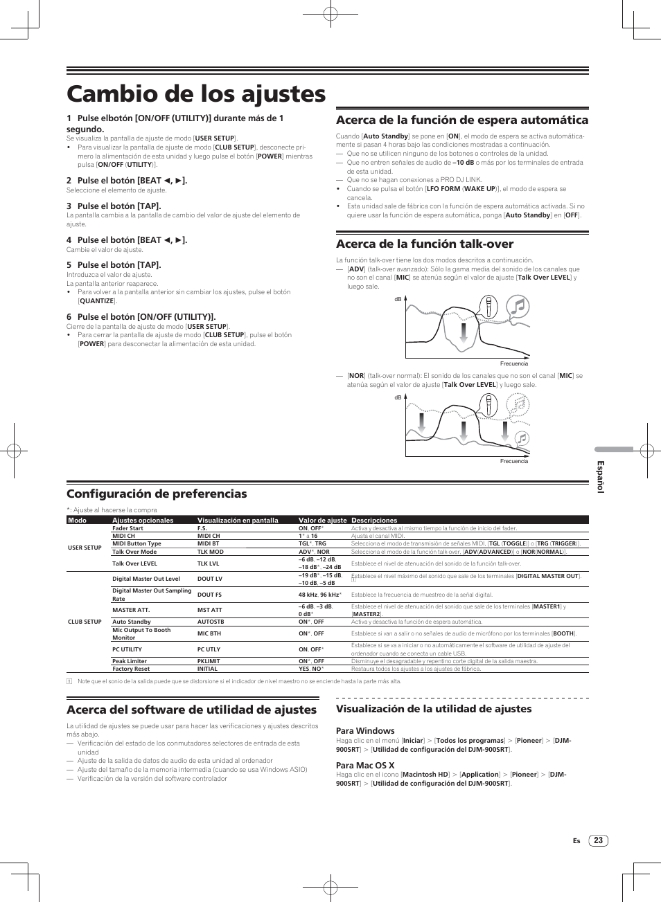 Cambio de los ajustes, Acerca de la función de espera automática, Acerca de la función talk-over | Configuración de preferencias, Acerca del software de utilidad de ajustes, Visualización de la utilidad de ajustes | Pioneer DJM-900SRT User Manual | Page 163 / 200