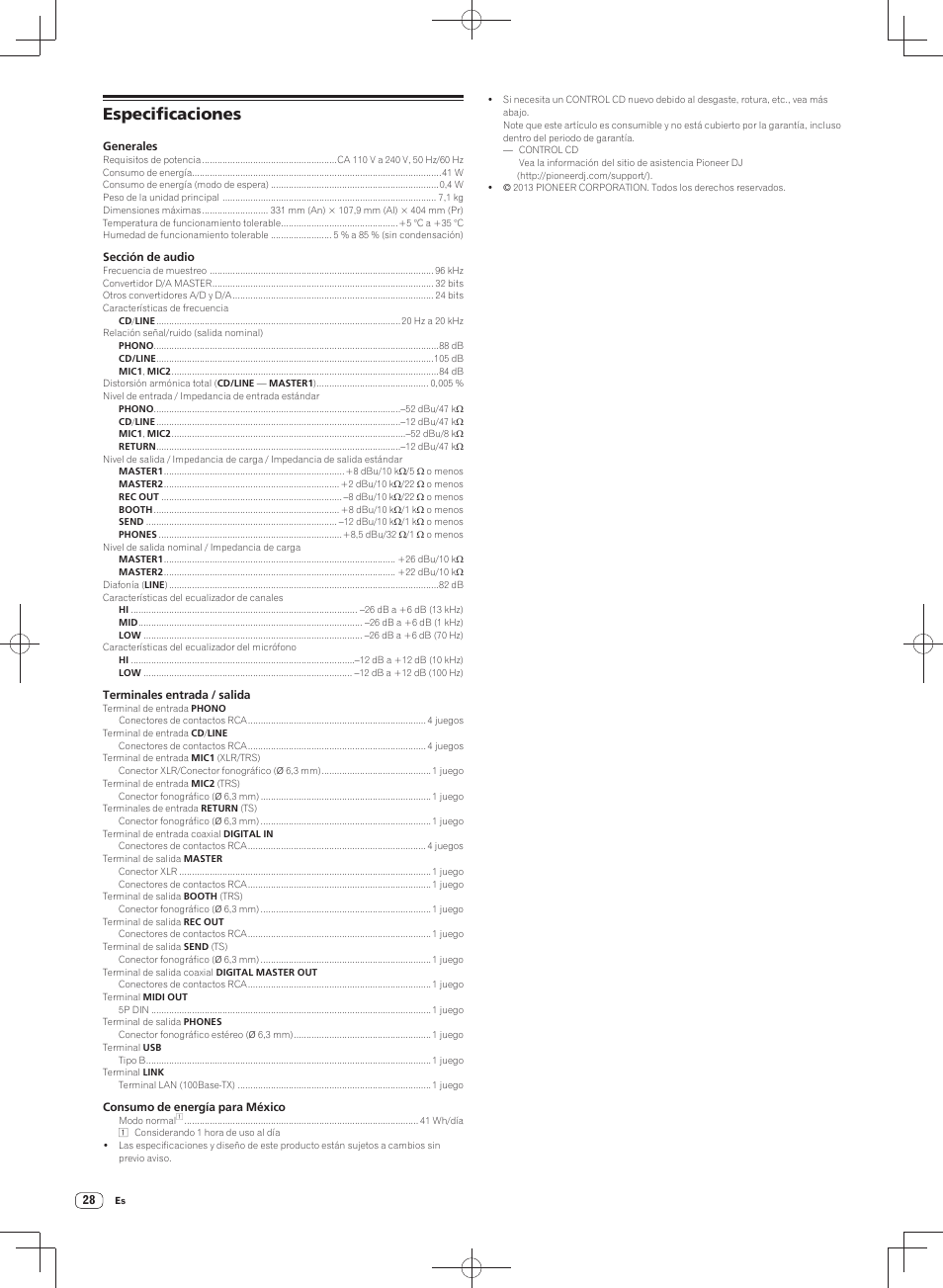 Especificaciones | Pioneer DJM-900SRT User Manual | Page 168 / 200