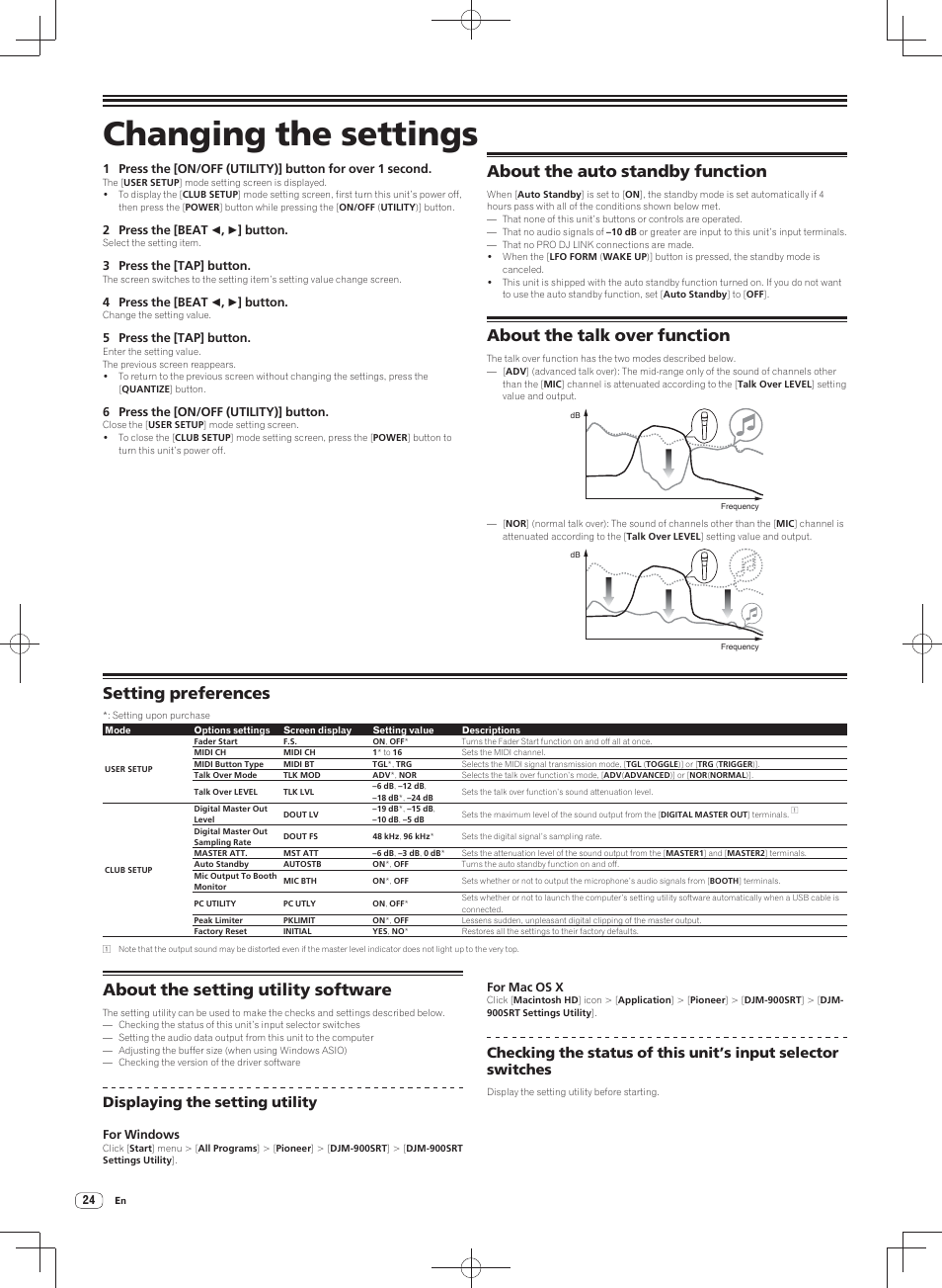 Changing the settings, About the auto standby function, About the talk over function | Setting preferences, About the setting utility software, Displaying the setting utility | Pioneer DJM-900SRT User Manual | Page 24 / 200