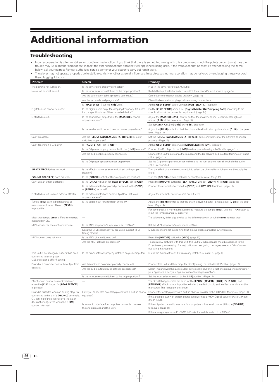 Additional information, Troubleshooting | Pioneer DJM-900SRT User Manual | Page 26 / 200