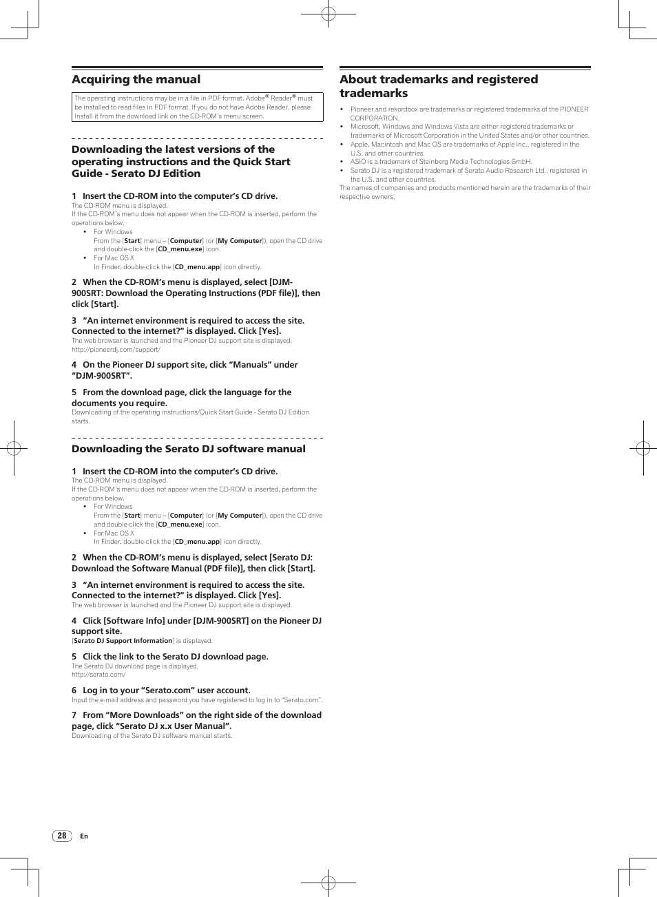 Acquiring the manual, About trademarks and registered trademarks, Downloading the serato dj software manual | Pioneer DJM-900SRT User Manual | Page 28 / 200