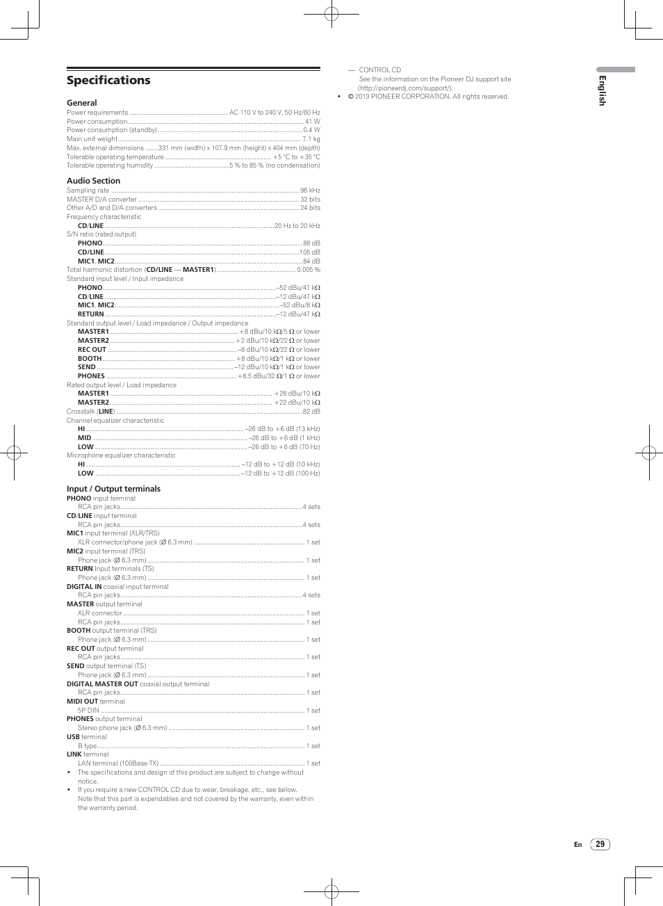 Specifications | Pioneer DJM-900SRT User Manual | Page 29 / 200