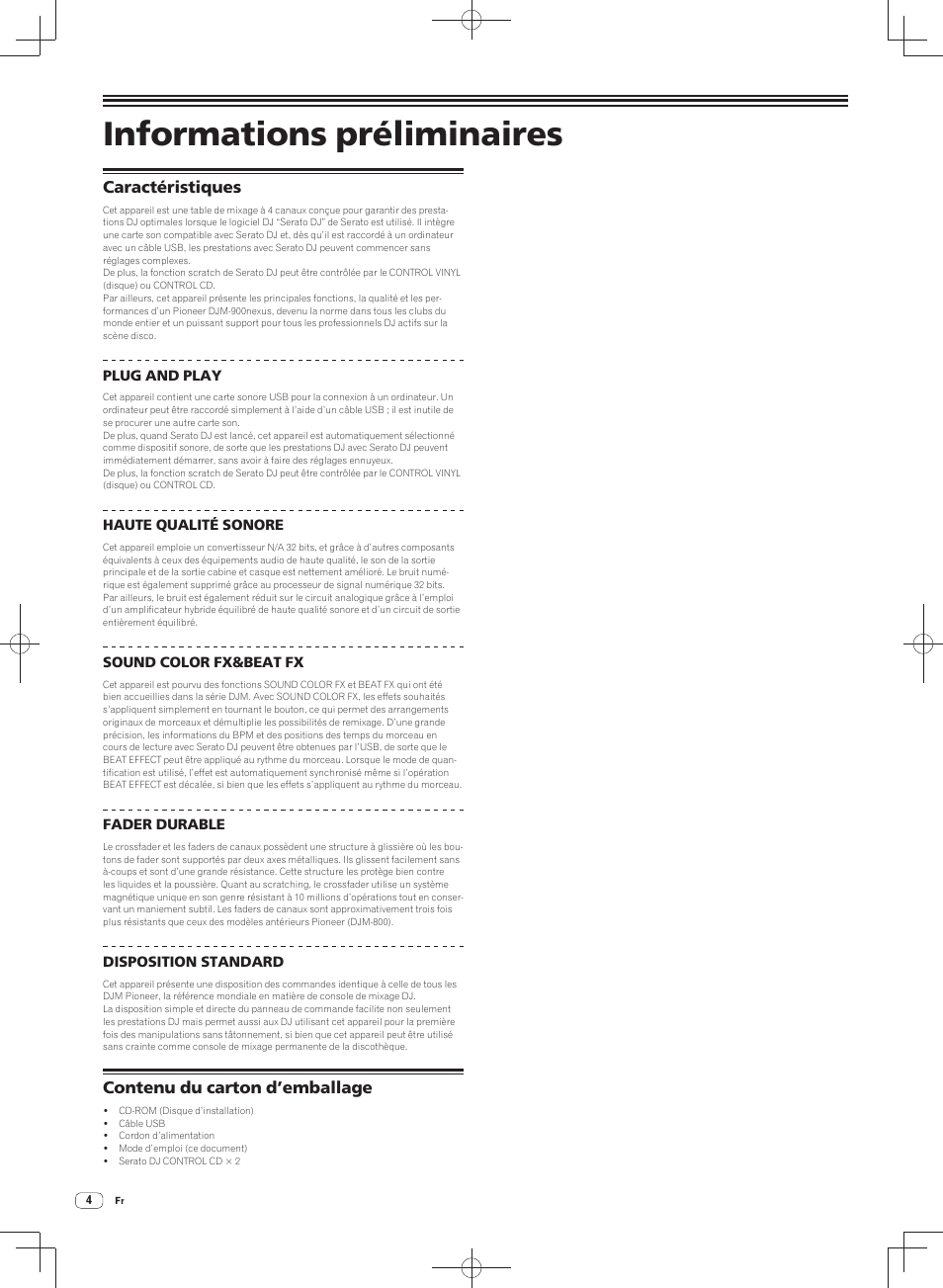 Informations préliminaires, Caractéristiques contenu du carton d’emballage, Caractéristiques | Contenu du carton d’emballage | Pioneer DJM-900SRT User Manual | Page 32 / 200