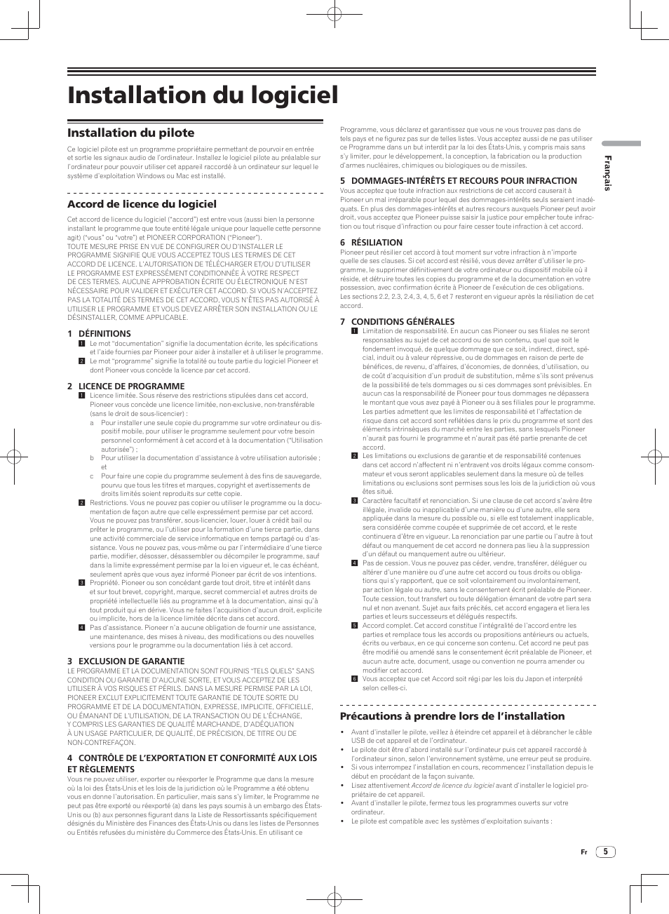 Installation du logiciel, Installation du pilote, Accord de licence du logiciel | Précautions à prendre lors de l’installation | Pioneer DJM-900SRT User Manual | Page 33 / 200