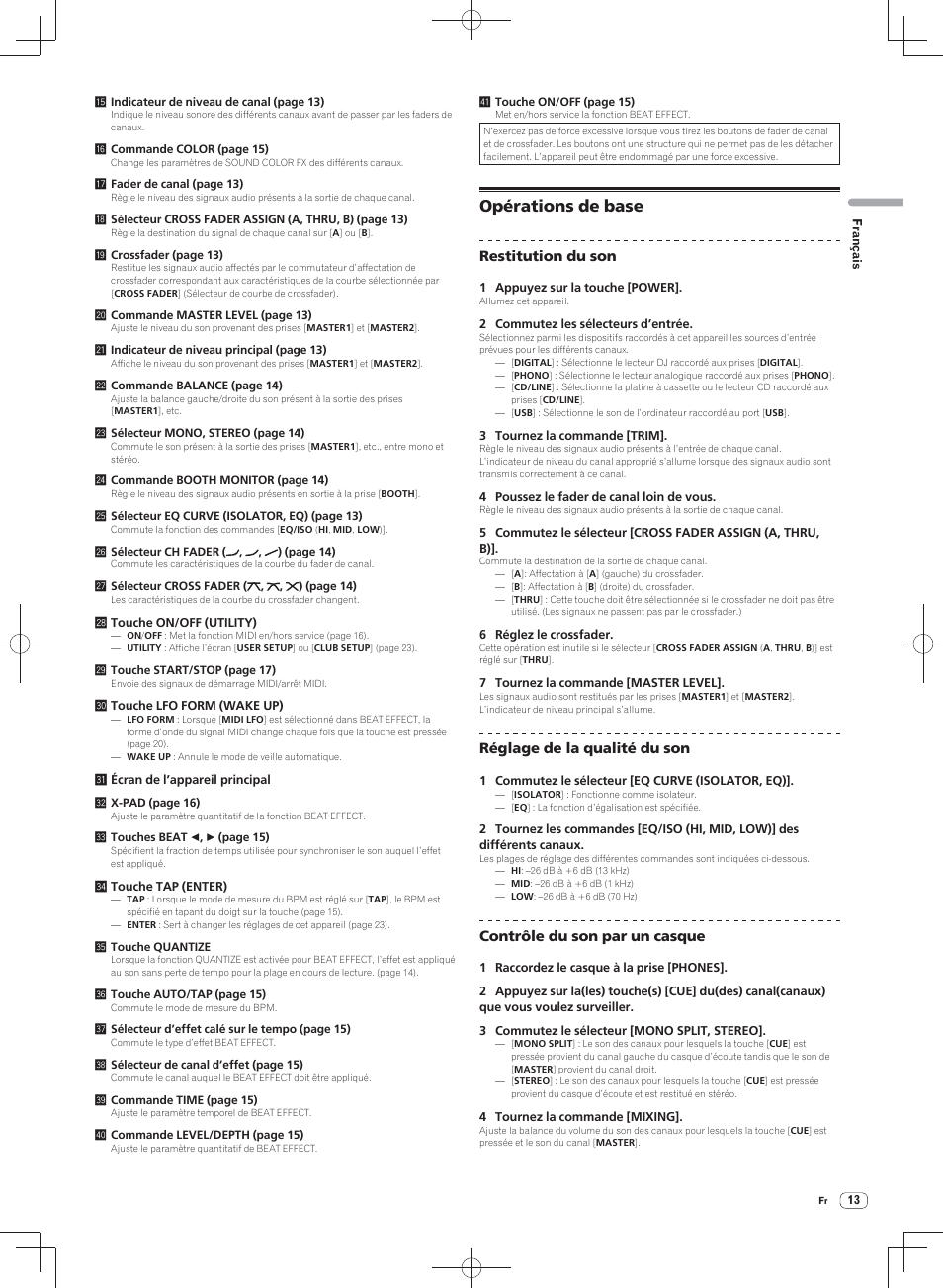 Opérations de base, Restitution du son, Réglage de la qualité du son | Contrôle du son par un casque | Pioneer DJM-900SRT User Manual | Page 41 / 200