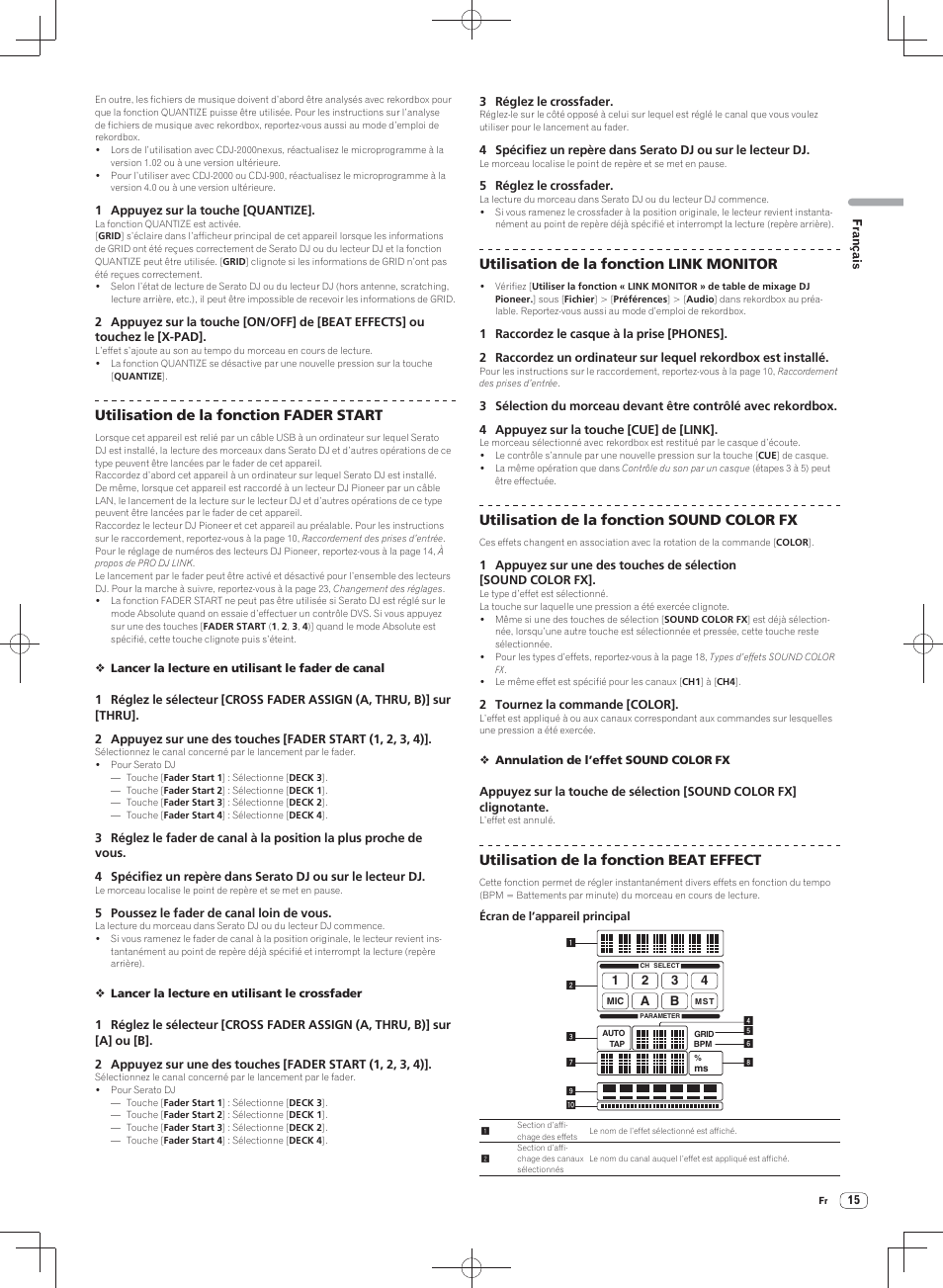 Utilisation de la fonction fader start, Utilisation de la fonction link monitor, Utilisation de la fonction sound color fx | Utilisation de la fonction beat effect | Pioneer DJM-900SRT User Manual | Page 43 / 200