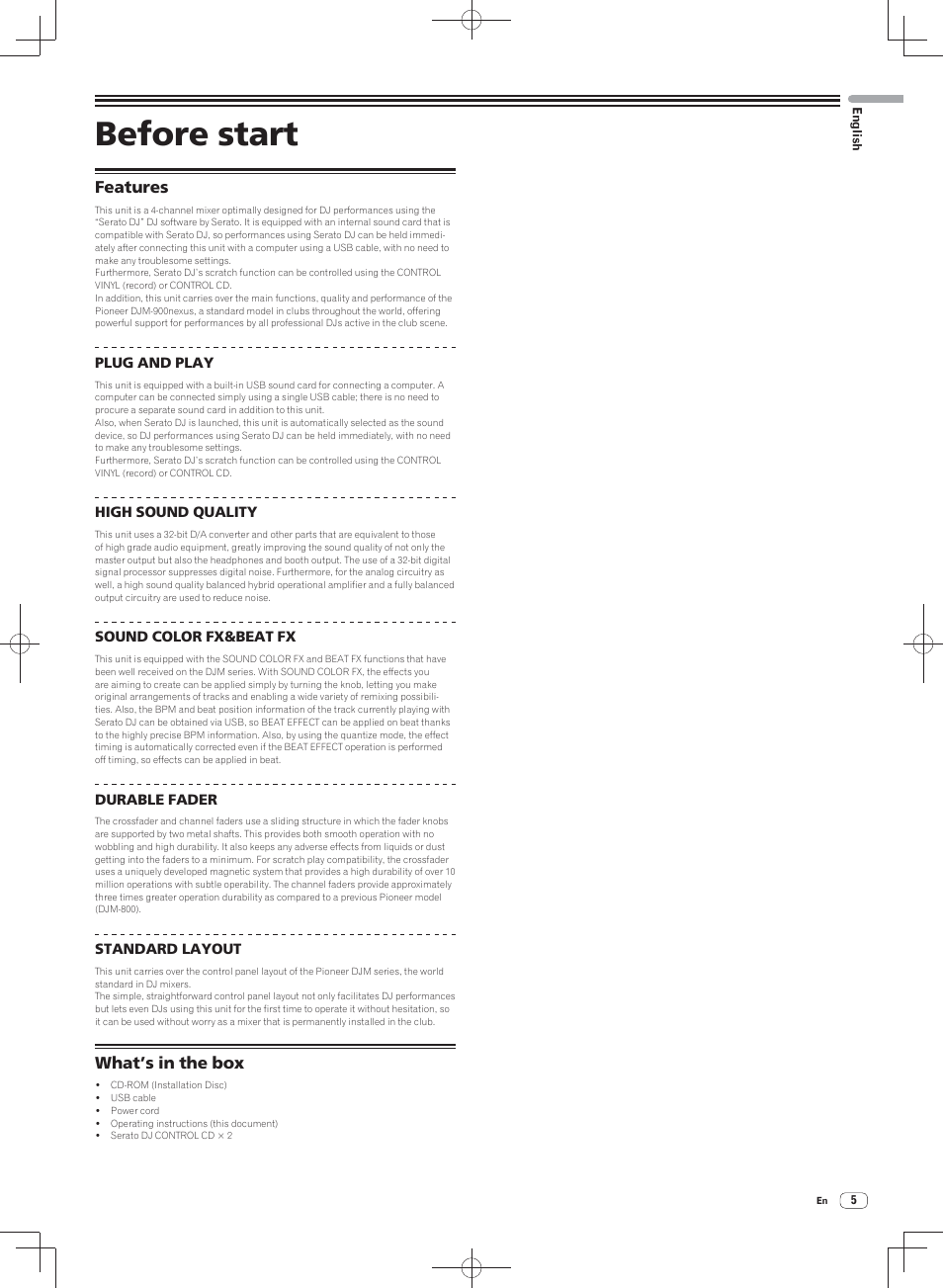 Before start, Features what’s in the box, Features | What’s in the box | Pioneer DJM-900SRT User Manual | Page 5 / 200