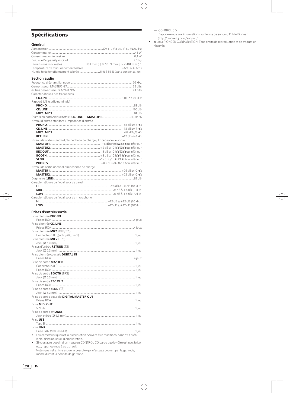 Spécifications | Pioneer DJM-900SRT User Manual | Page 56 / 200